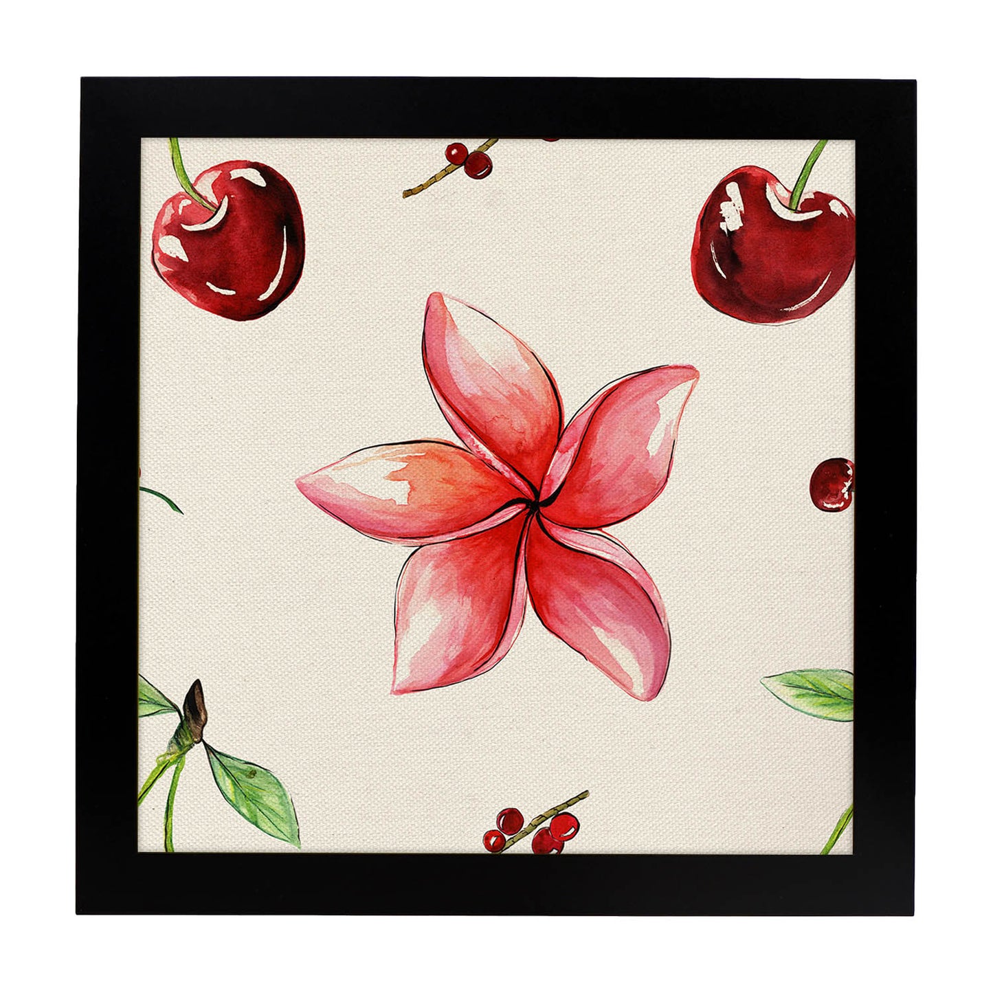 Poster de flores y naturaleza. Lámina cuadrada Flores y cerezas, ilustrada con dibujos a color.-Artwork-Nacnic-20x20 cm-Marco Negro-Nacnic Estudio SL