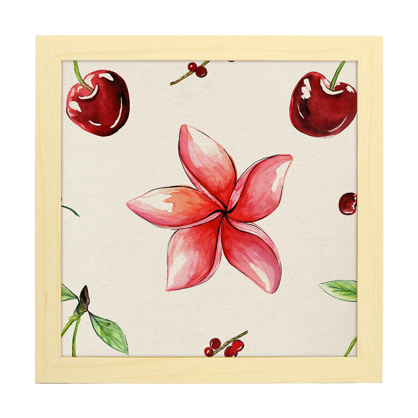Poster de flores y naturaleza. Lámina cuadrada Flores y cerezas, ilustrada con dibujos a color.-Artwork-Nacnic-25x25 cm-Marco Madera clara-Nacnic Estudio SL