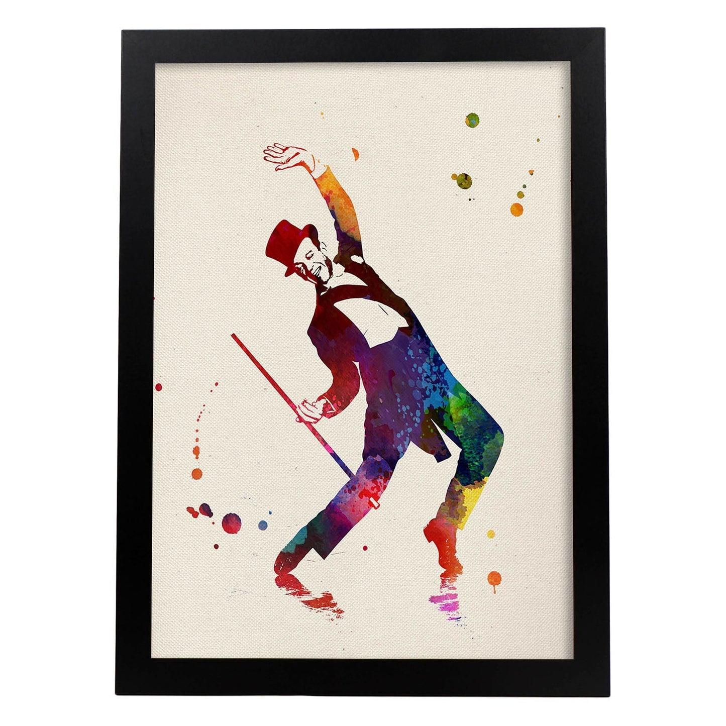 Poster de fred astaire con palo. Láminas de cine, películas, y actores. Posters de películas antiguas con estilo acuarela.-Artwork-Nacnic-A4-Marco Negro-Nacnic Estudio SL
