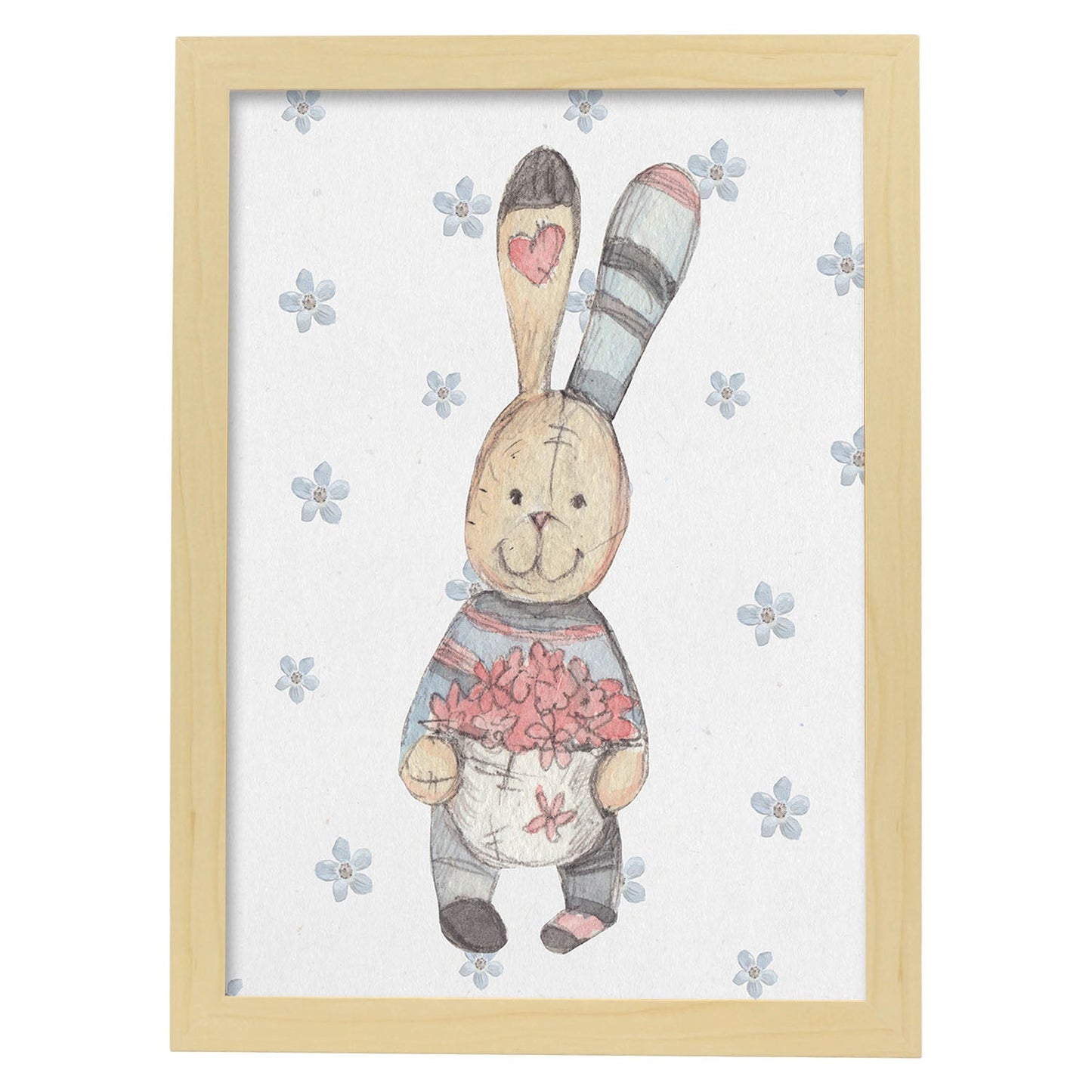 Poster de Fred y Caroline. Lámina Gustav adora las flores, con ilustraciones de conejos.-Artwork-Nacnic-A3-Marco Madera clara-Nacnic Estudio SL