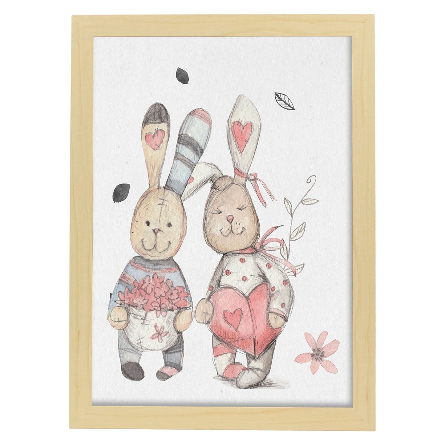 Poster de Fred y Caroline. Lámina Gustav y Caroline disfrutan del dia, con ilustraciones de conejos.-Artwork-Nacnic-A3-Marco Madera clara-Nacnic Estudio SL