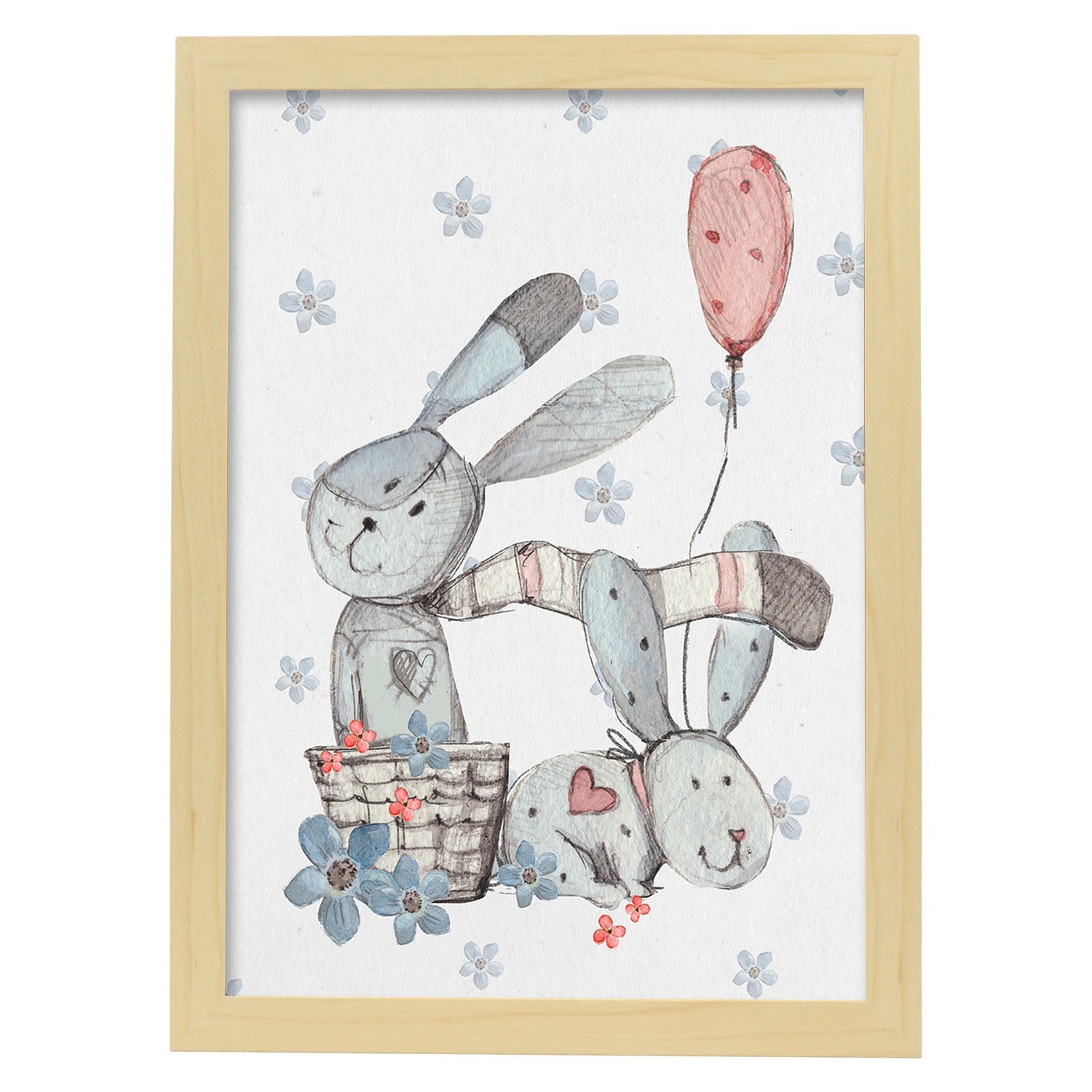 Poster de Fred y Caroline. Lámina Helen y Hugo jugando, con ilustraciones de conejos.-Artwork-Nacnic-A3-Marco Madera clara-Nacnic Estudio SL