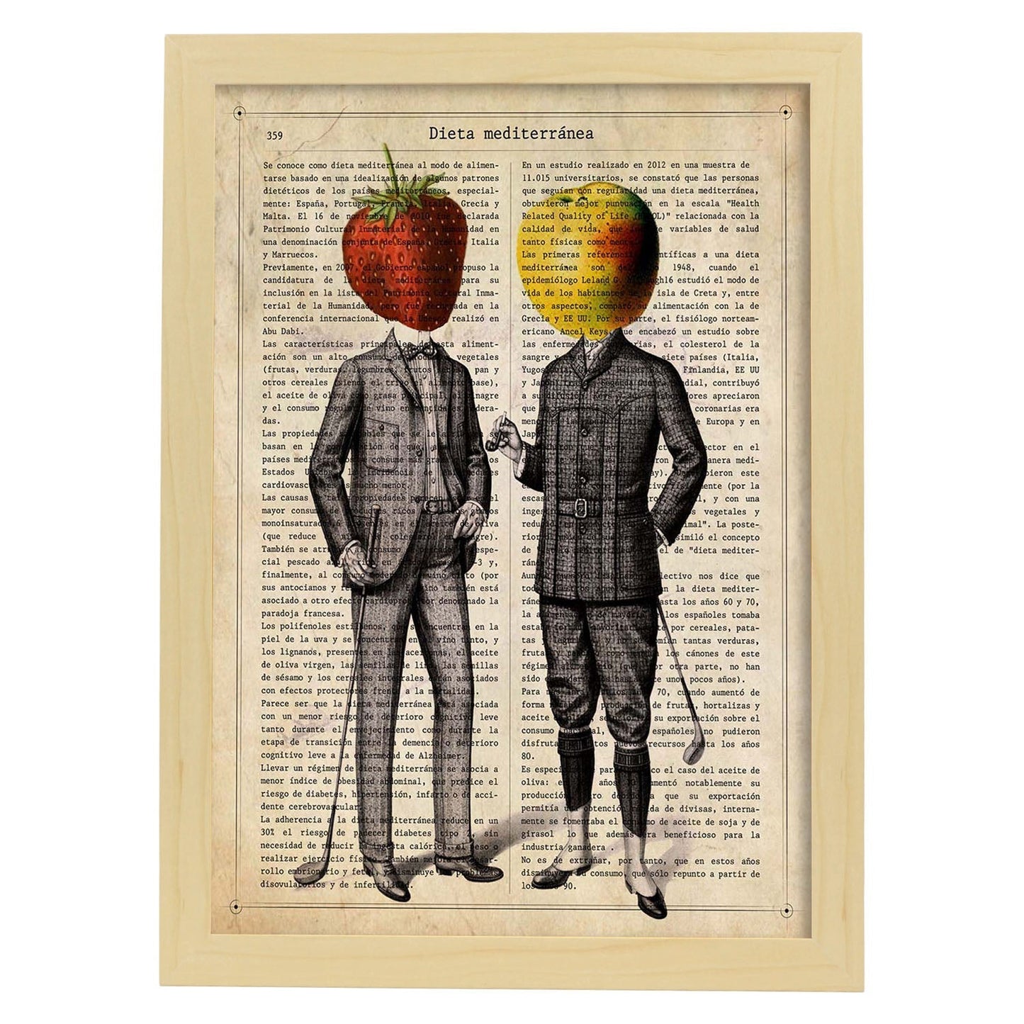 Poster de Fresa y Manzana. Láminas de frutas y verduras con definiciones. Ilustraciones de alimentacion vegetariana.-Artwork-Nacnic-A3-Marco Madera clara-Nacnic Estudio SL
