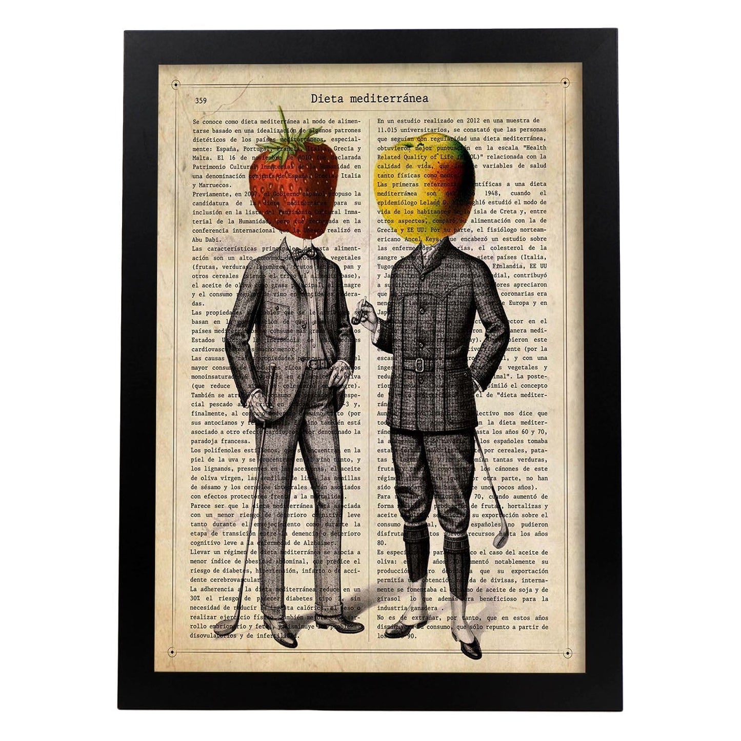 Poster de Fresa y Manzana. Láminas de frutas y verduras con definiciones. Ilustraciones de alimentacion vegetariana.-Artwork-Nacnic-A3-Marco Negro-Nacnic Estudio SL