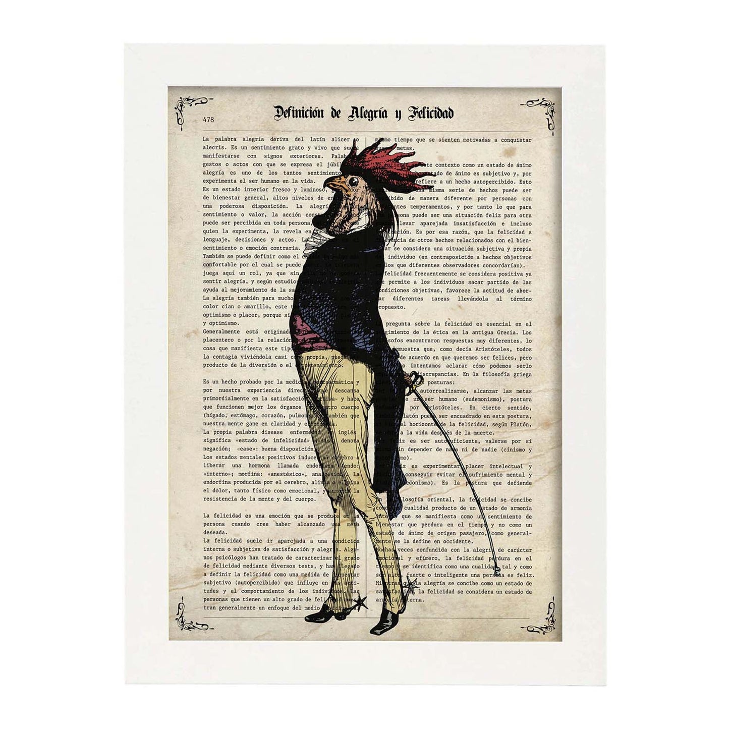 Poster de Gallo vintage. Láminas de animales con definiciones. Ilustraciones de animales con textos.-Artwork-Nacnic-A3-Marco Blanco-Nacnic Estudio SL