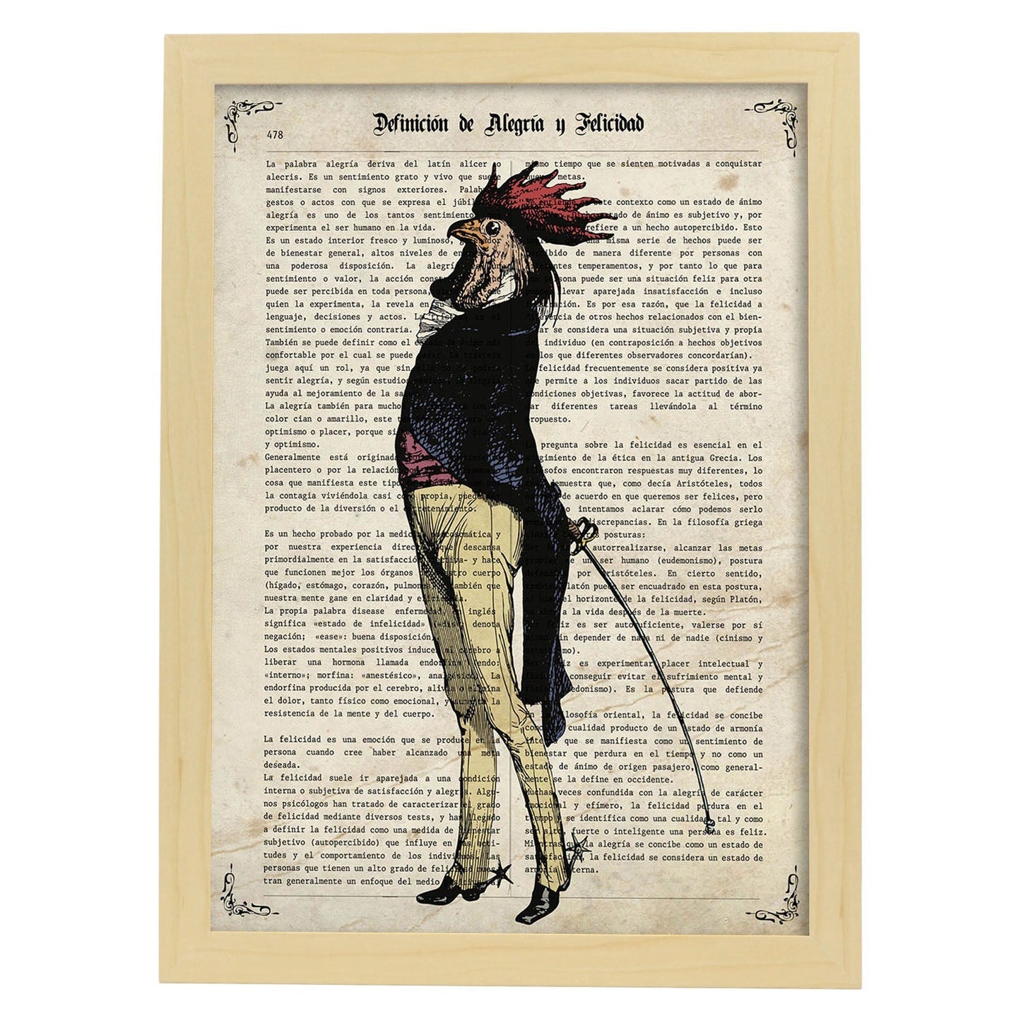 Poster de Gallo vintage. Láminas de animales con definiciones. Ilustraciones de animales con textos.-Artwork-Nacnic-A3-Marco Madera clara-Nacnic Estudio SL