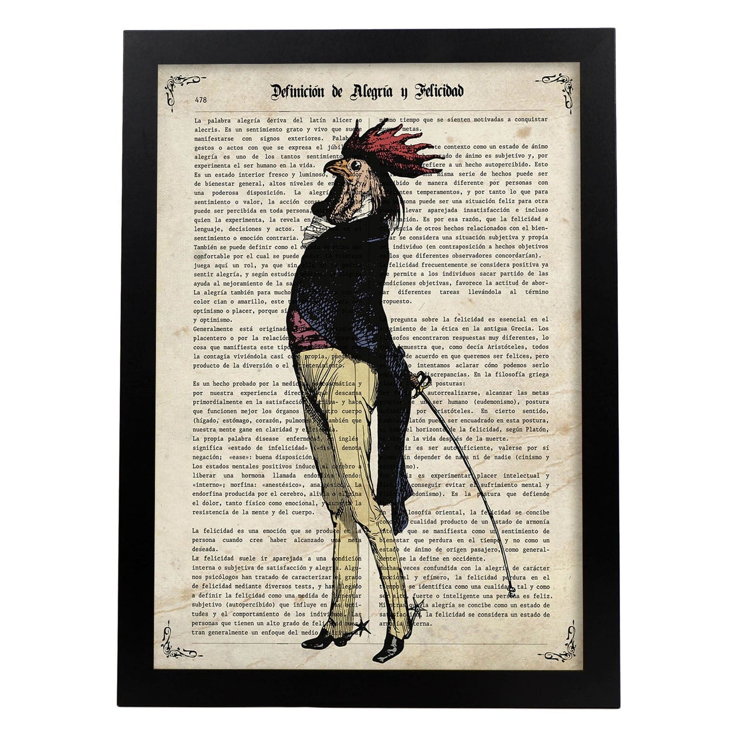 Poster de Gallo vintage. Láminas de animales con definiciones. Ilustraciones de animales con textos.-Artwork-Nacnic-A4-Marco Negro-Nacnic Estudio SL