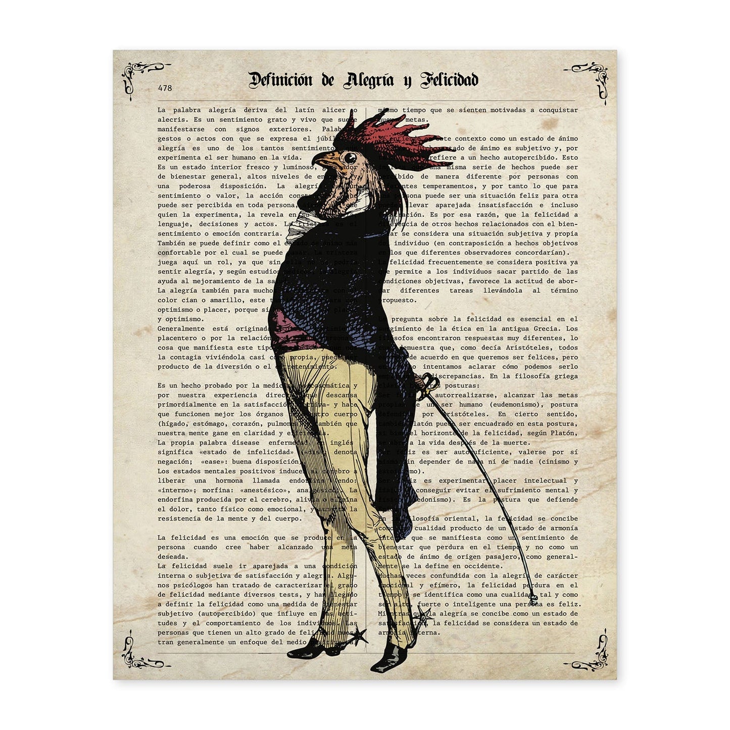 Poster de Gallo vintage. Láminas de animales con definiciones. Ilustraciones de animales con textos.-Artwork-Nacnic-A4-Sin marco-Nacnic Estudio SL