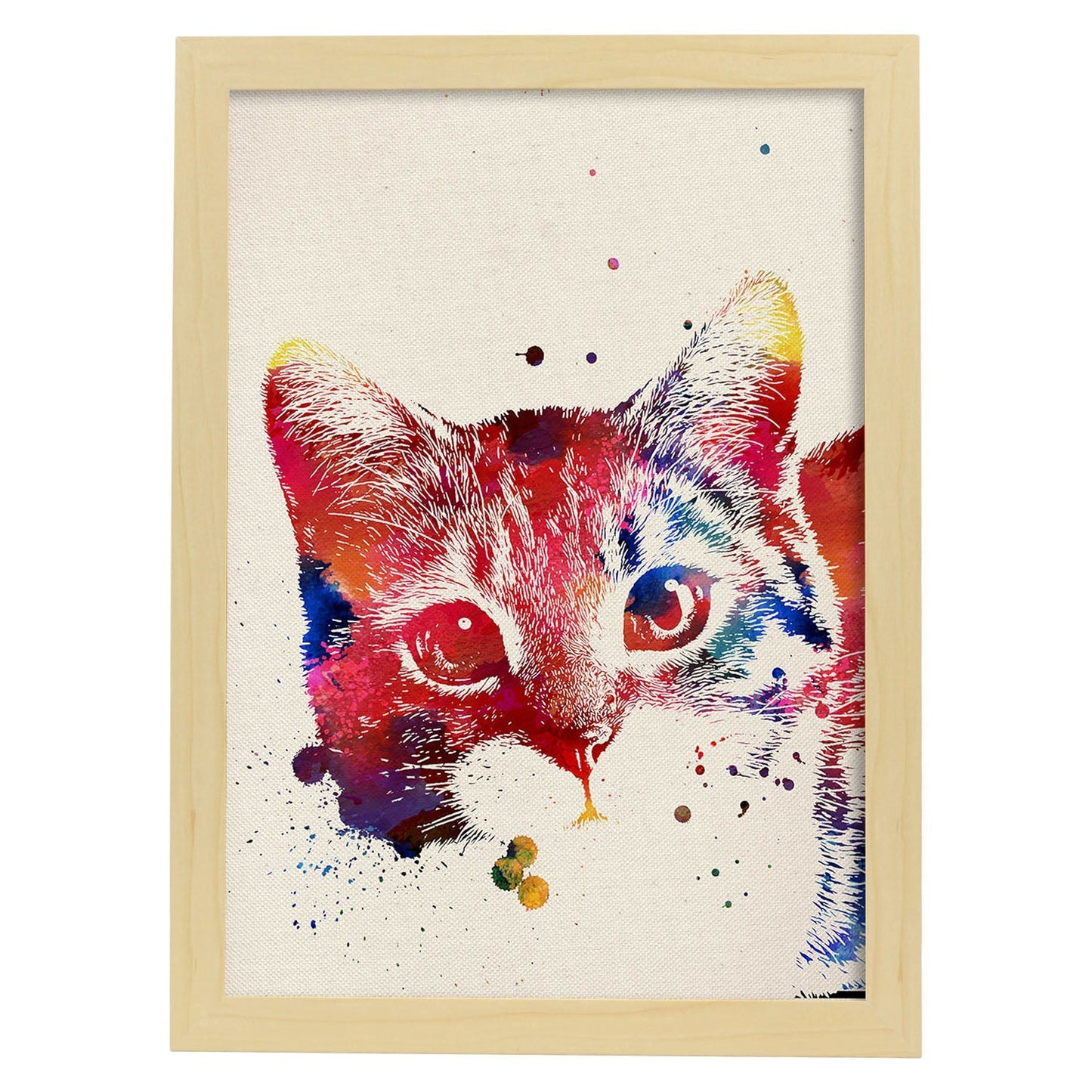 Poster de Gato con diseño acuarela. Mix de láminas con estilo acuarela-Artwork-Nacnic-A4-Marco Madera clara-Nacnic Estudio SL