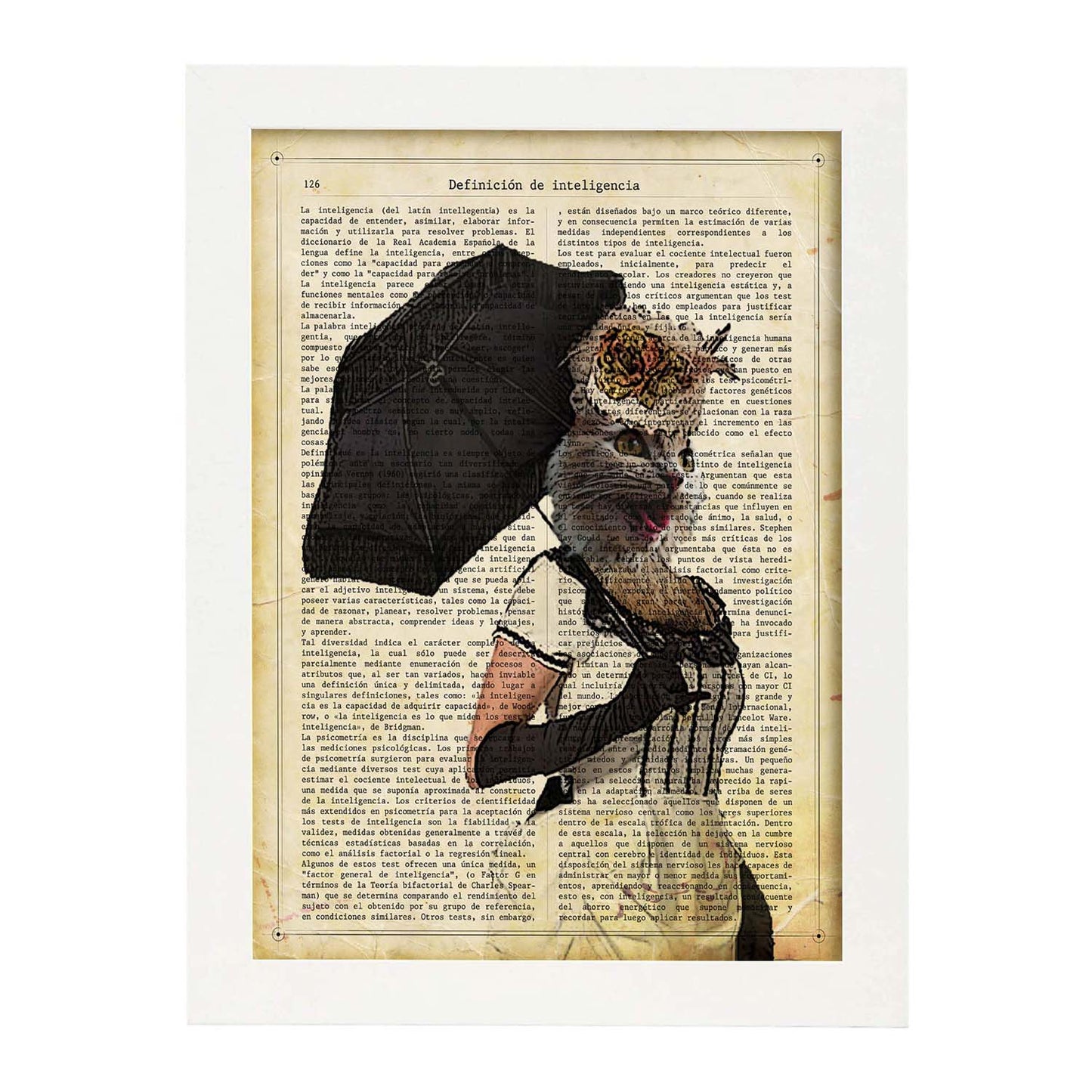 Poster de Gato con sombrilla. Láminas de animales con definiciones. Ilustraciones de animales con textos.-Artwork-Nacnic-A3-Marco Blanco-Nacnic Estudio SL