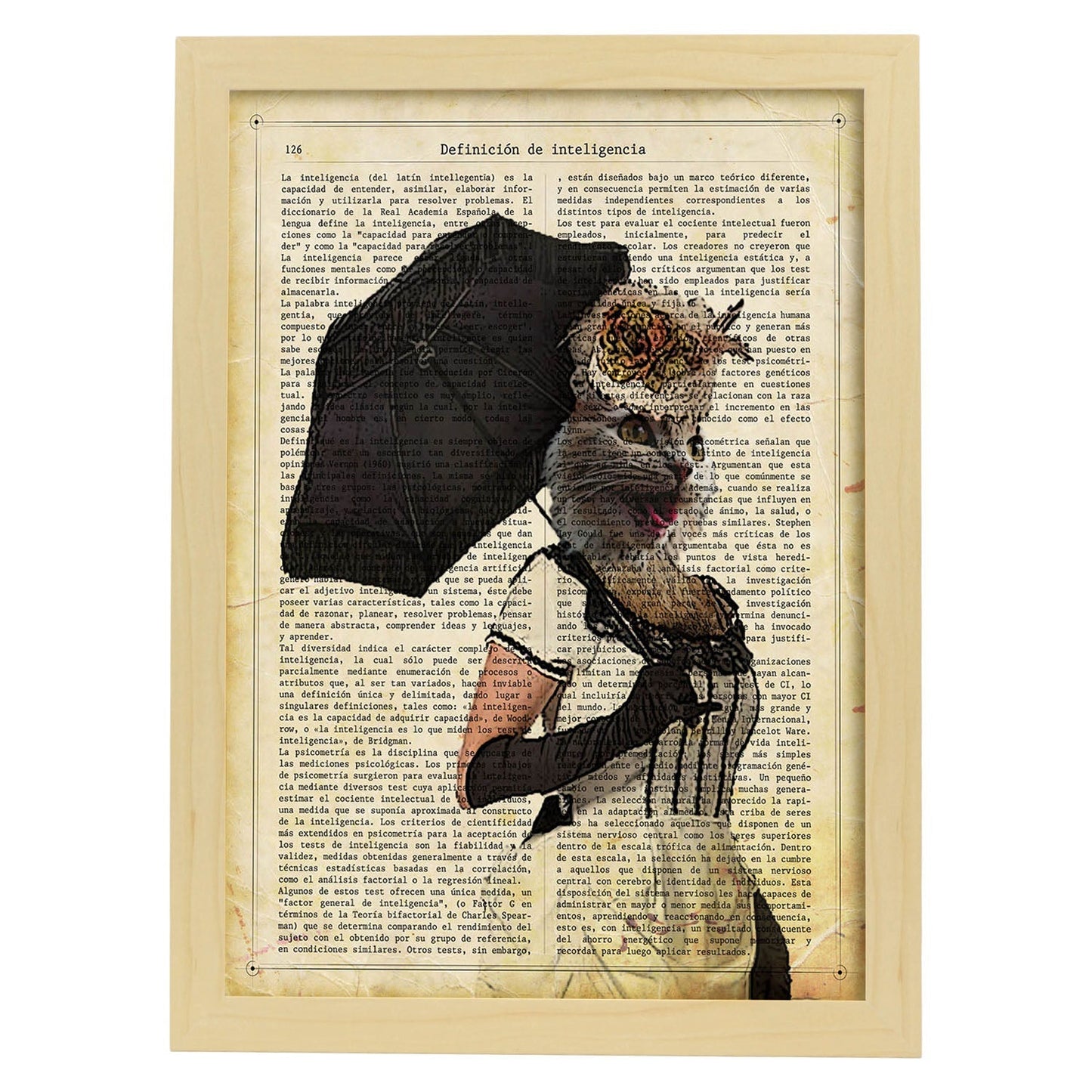 Poster de Gato con sombrilla. Láminas de animales con definiciones. Ilustraciones de animales con textos.-Artwork-Nacnic-A4-Marco Madera clara-Nacnic Estudio SL