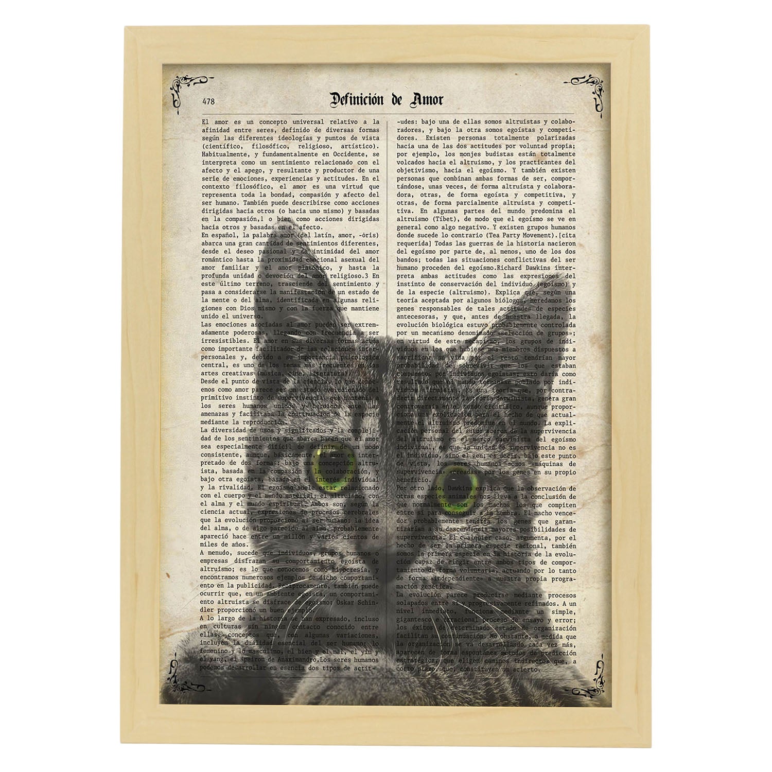 Poster de Gato de ojos verdes. Láminas de animales con definiciones. Ilustraciones de animales con textos.-Artwork-Nacnic-A3-Marco Madera clara-Nacnic Estudio SL