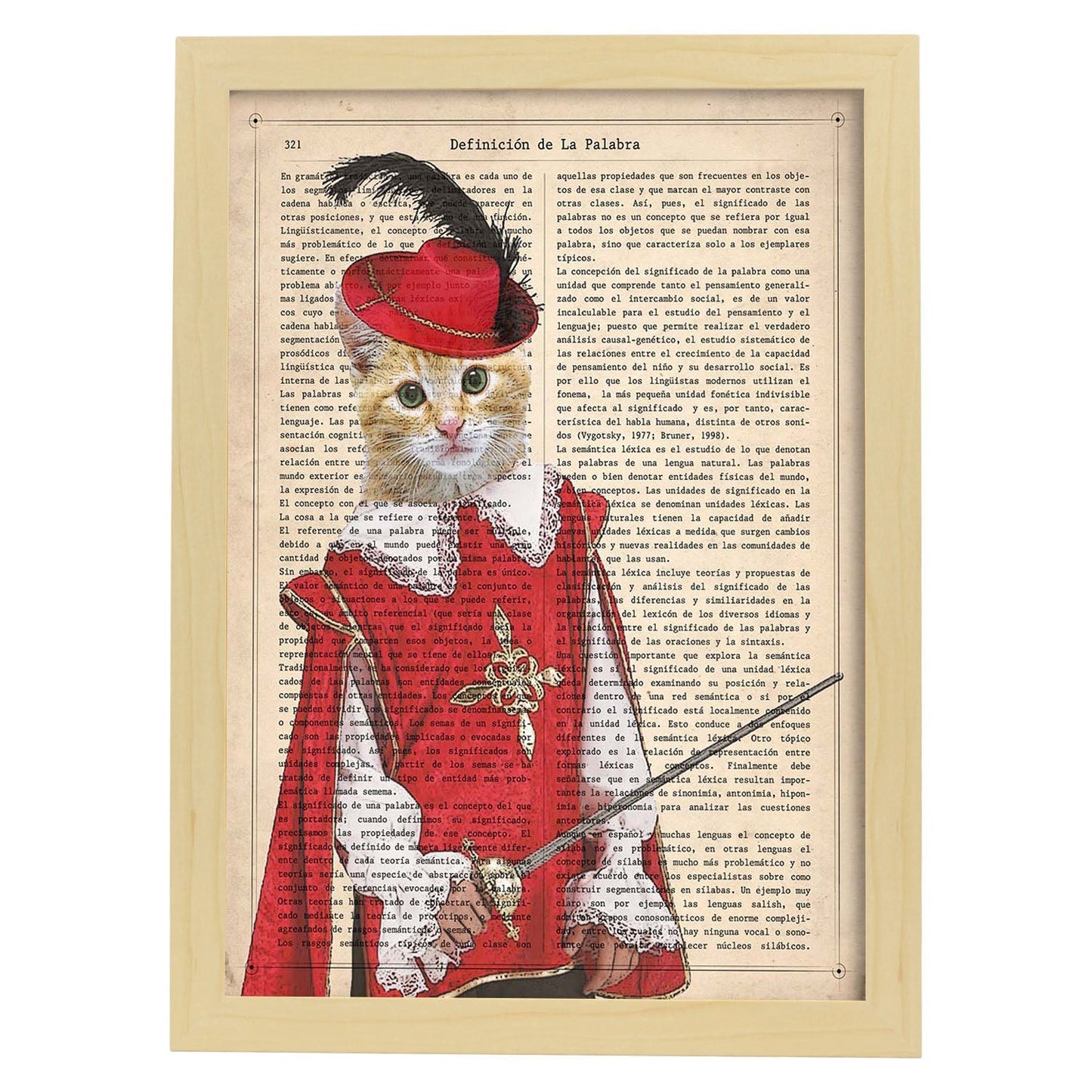 Poster de Gato mosquetero. Láminas de animales con definiciones. Ilustraciones de animales con textos.-Artwork-Nacnic-A3-Marco Madera clara-Nacnic Estudio SL
