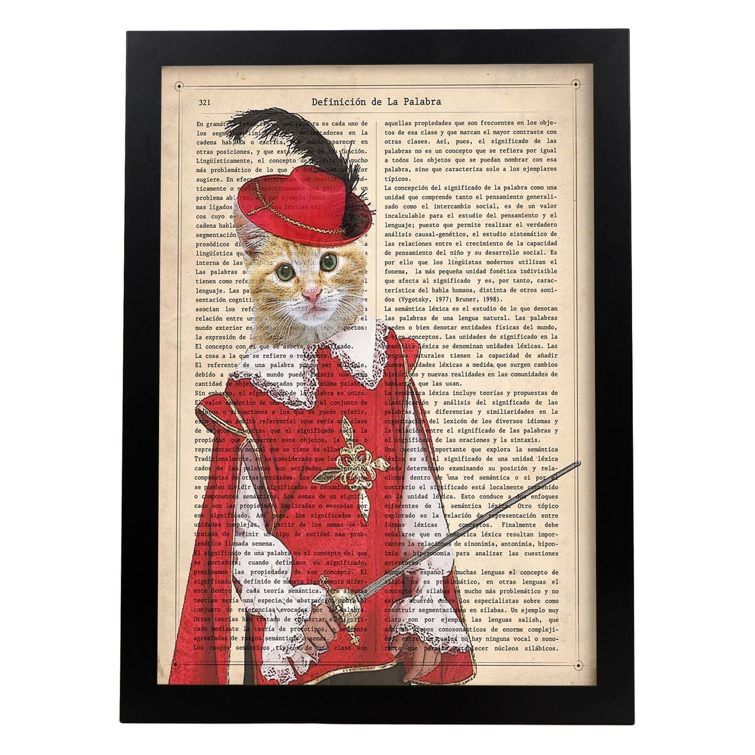Poster de Gato mosquetero. Láminas de animales con definiciones. Ilustraciones de animales con textos.-Artwork-Nacnic-A4-Marco Negro-Nacnic Estudio SL