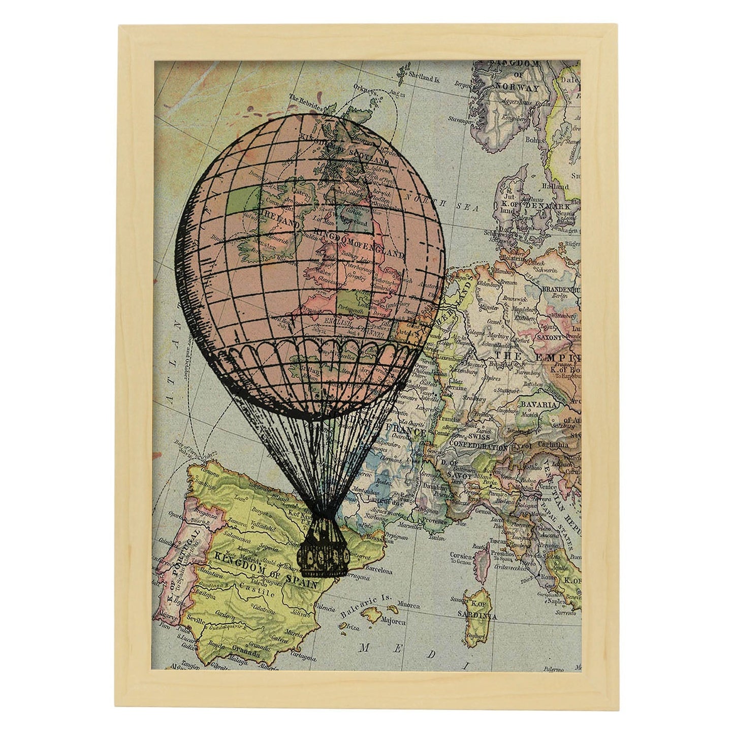 Poster de Globo rosa en Europa. Láminas de globos aeroestáticos. Diseño con imágenes de globos.-Artwork-Nacnic-A4-Marco Madera clara-Nacnic Estudio SL