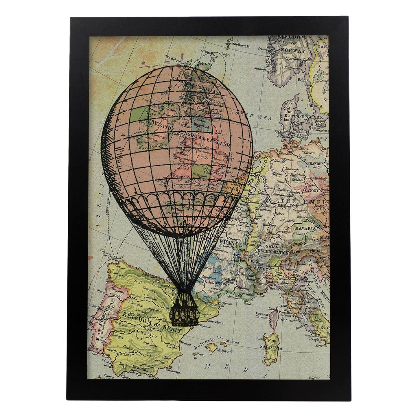 Poster de Globo rosa en Europa. Láminas de globos aeroestáticos. Diseño con imágenes de globos.-Artwork-Nacnic-A4-Marco Negro-Nacnic Estudio SL