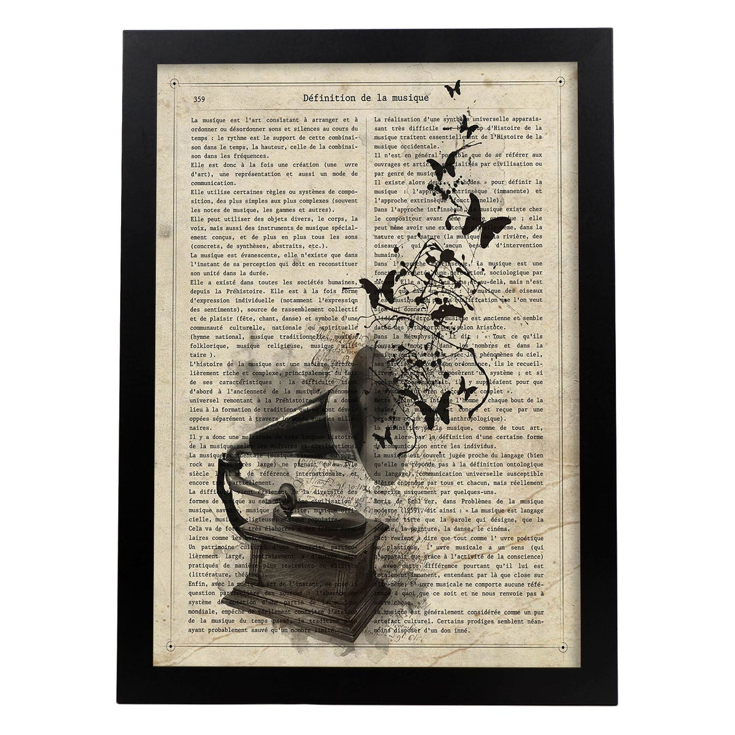 Poster de Gramola con mariposas 2. Láminas musicales con definiciones para-Artwork-Nacnic-A3-Marco Negro-Nacnic Estudio SL