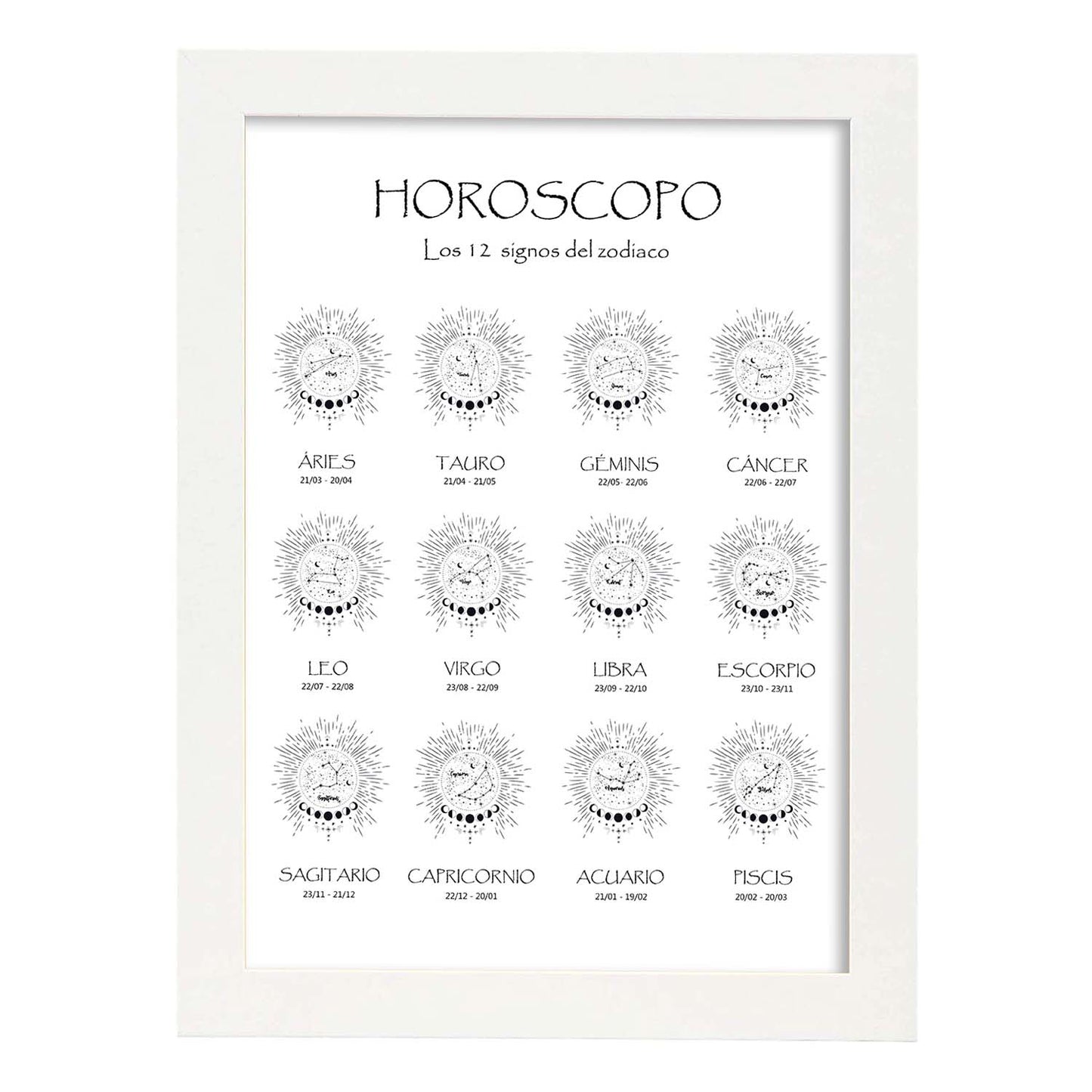 Poster de Horoscopos en español. Lamina de horoscopos y astrología.-Artwork-Nacnic-A3-Marco Blanco-Nacnic Estudio SL