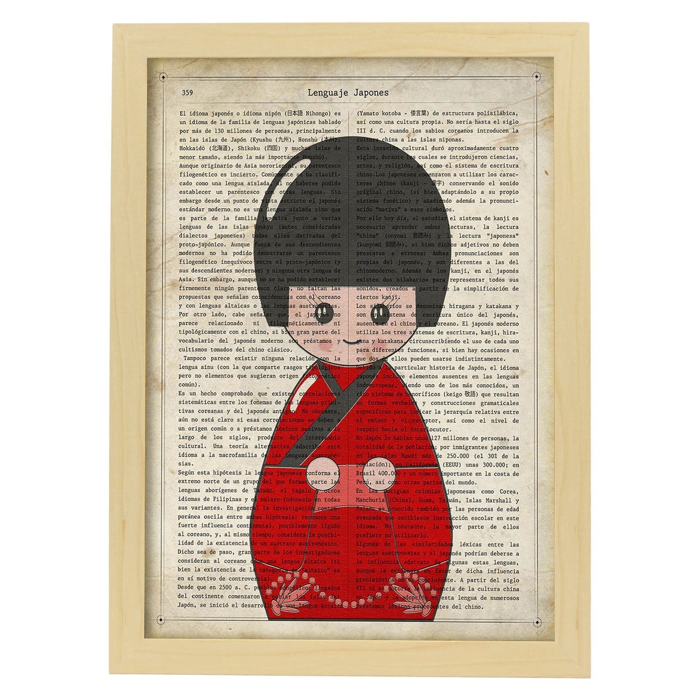 Poster de Japonesa kimono rojo. Láminas de geishas. Diseños japoneses con definiciones de la cultura japonesa.-Artwork-Nacnic-A3-Marco Madera clara-Nacnic Estudio SL