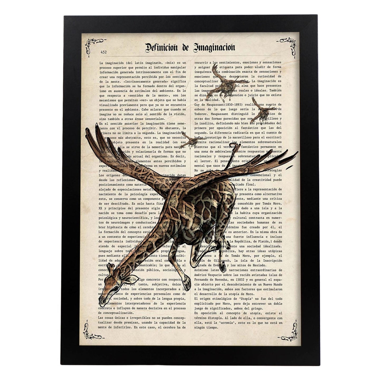 Poster de Jirafa voladora. Láminas de animales con definiciones. Ilustraciones de animales con textos.-Artwork-Nacnic-A3-Marco Negro-Nacnic Estudio SL