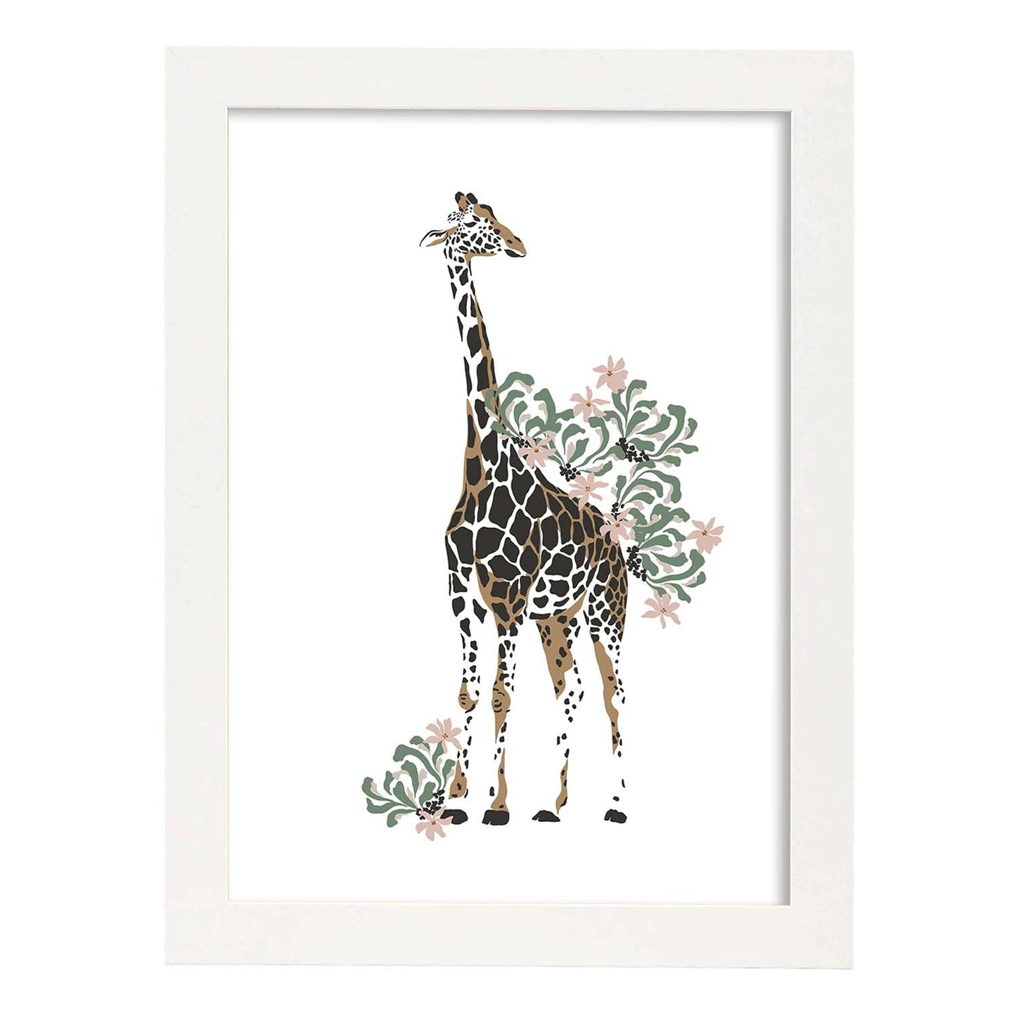 Poster de Jirafa. Lámina de animal de la jungla con flores y vegetación.-Artwork-Nacnic-A3-Marco Blanco-Nacnic Estudio SL