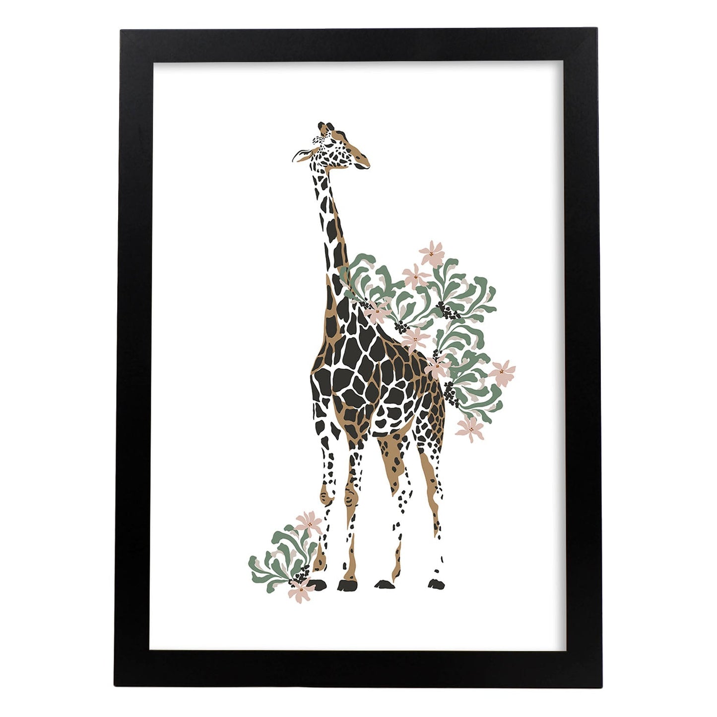 Poster de Jirafa. Lámina de animal de la jungla con flores y vegetación.-Artwork-Nacnic-A3-Marco Negro-Nacnic Estudio SL