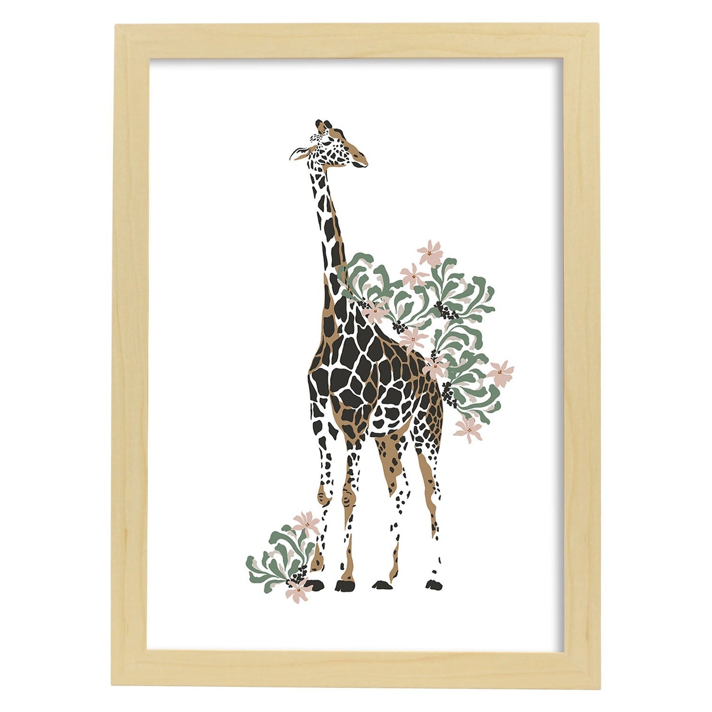 Poster de Jirafa. Lámina de animal de la jungla con flores y vegetación.-Artwork-Nacnic-A4-Marco Madera clara-Nacnic Estudio SL