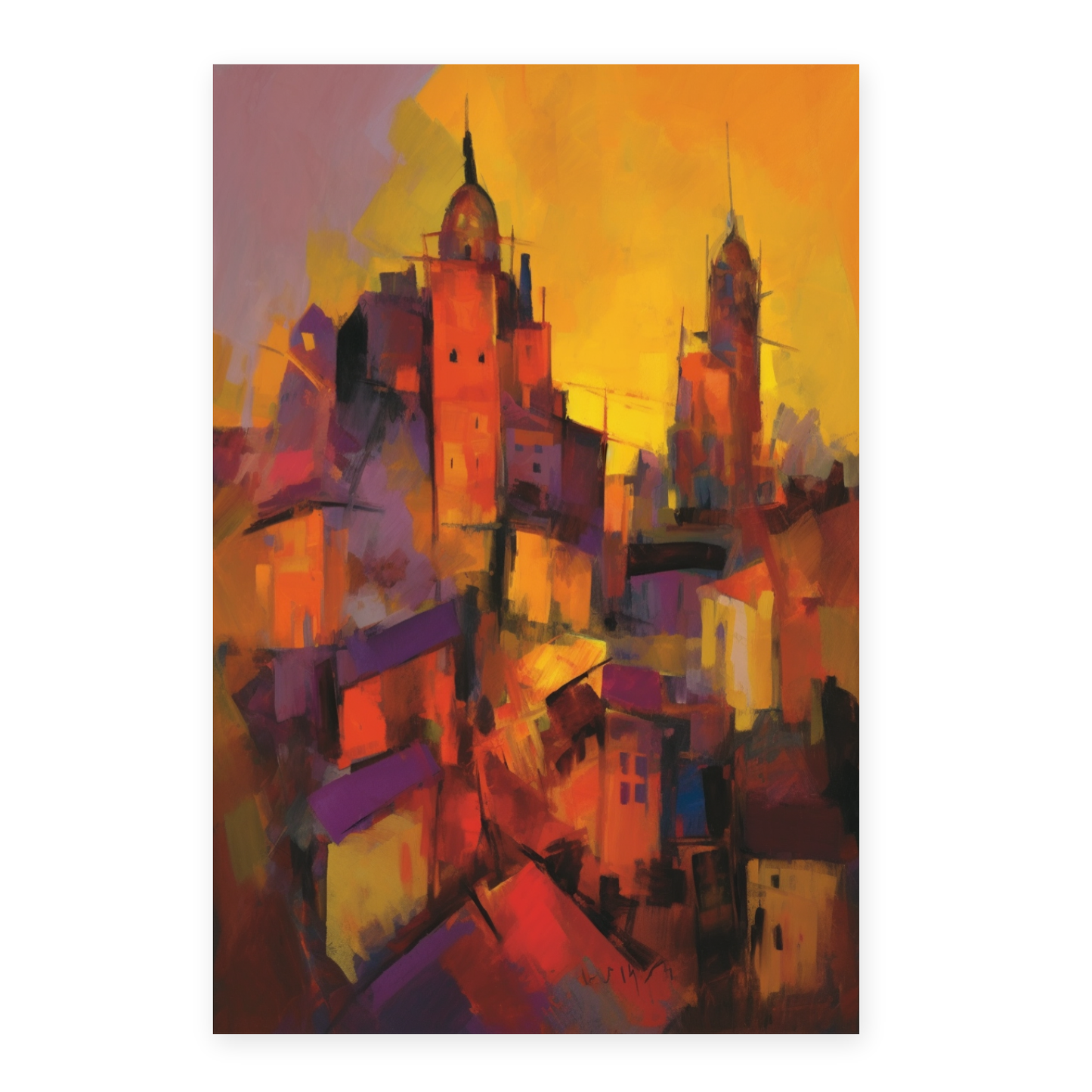 Póster de la ciudad famosa al atardecer