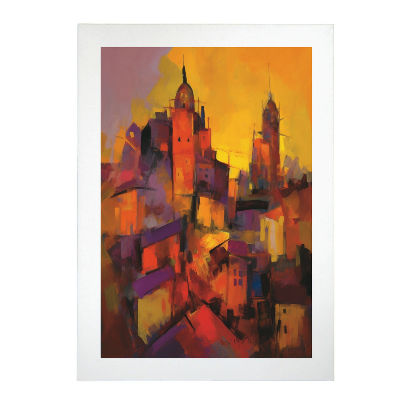 Póster de la ciudad famosa al atardecer