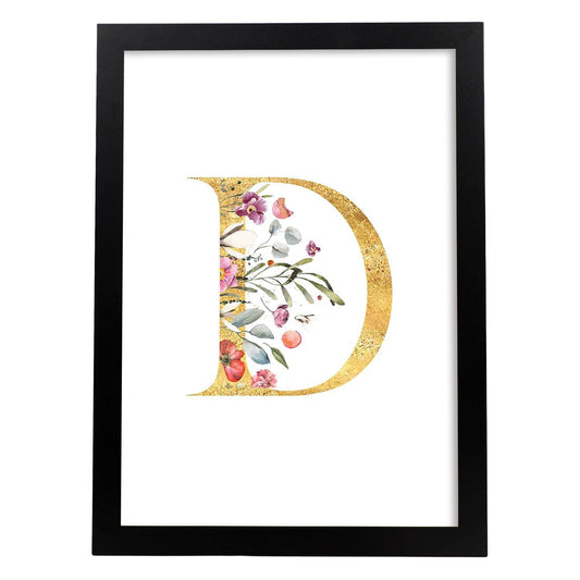 Poster de letra D. Lámina estilo Dorado Rosa con imágenes del alfabeto.-Artwork-Nacnic-A4-Marco Negro-Nacnic Estudio SL