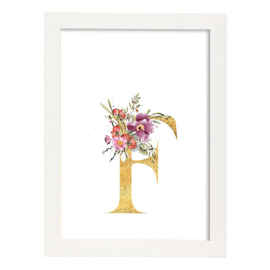 Poster de letra F. Lámina estilo Dorado Rosa con imágenes del alfabeto.-Artwork-Nacnic-A4-Marco Blanco-Nacnic Estudio SL