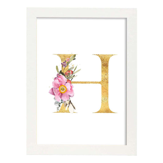 Poster de letra H. Lámina estilo Dorado Rosa con imágenes del alfabeto.-Artwork-Nacnic-A4-Marco Blanco-Nacnic Estudio SL