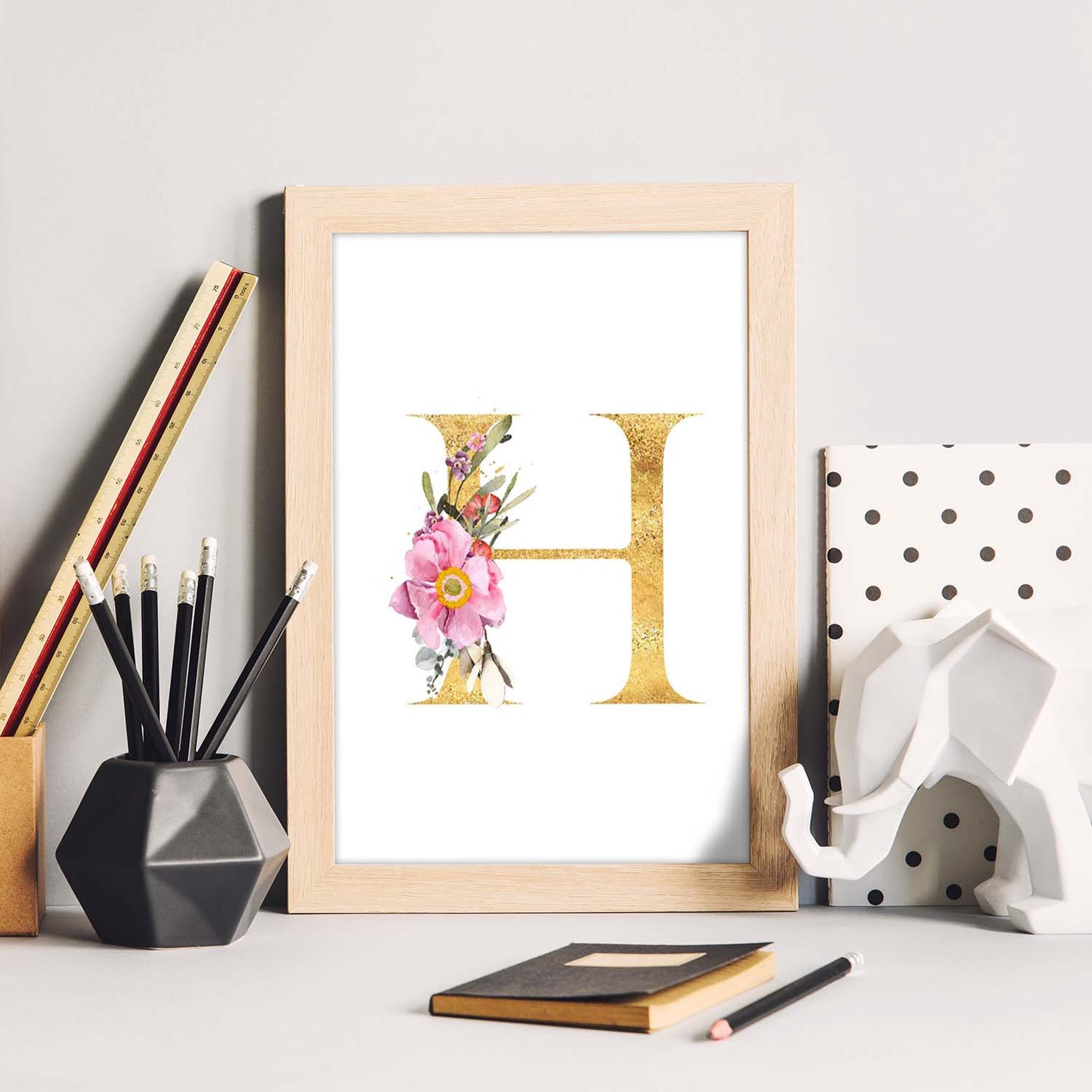 Poster de letra H. Lámina estilo Dorado Rosa con imágenes del alfabeto.-Artwork-Nacnic-Nacnic Estudio SL