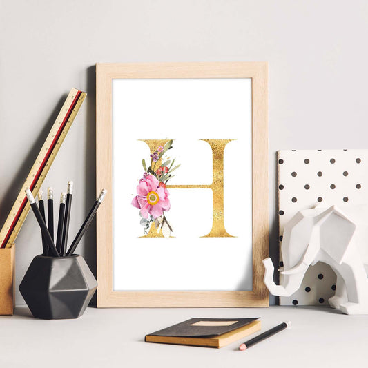Poster de letra H. Lámina estilo Dorado Rosa con imágenes del alfabeto.-Artwork-Nacnic-Nacnic Estudio SL