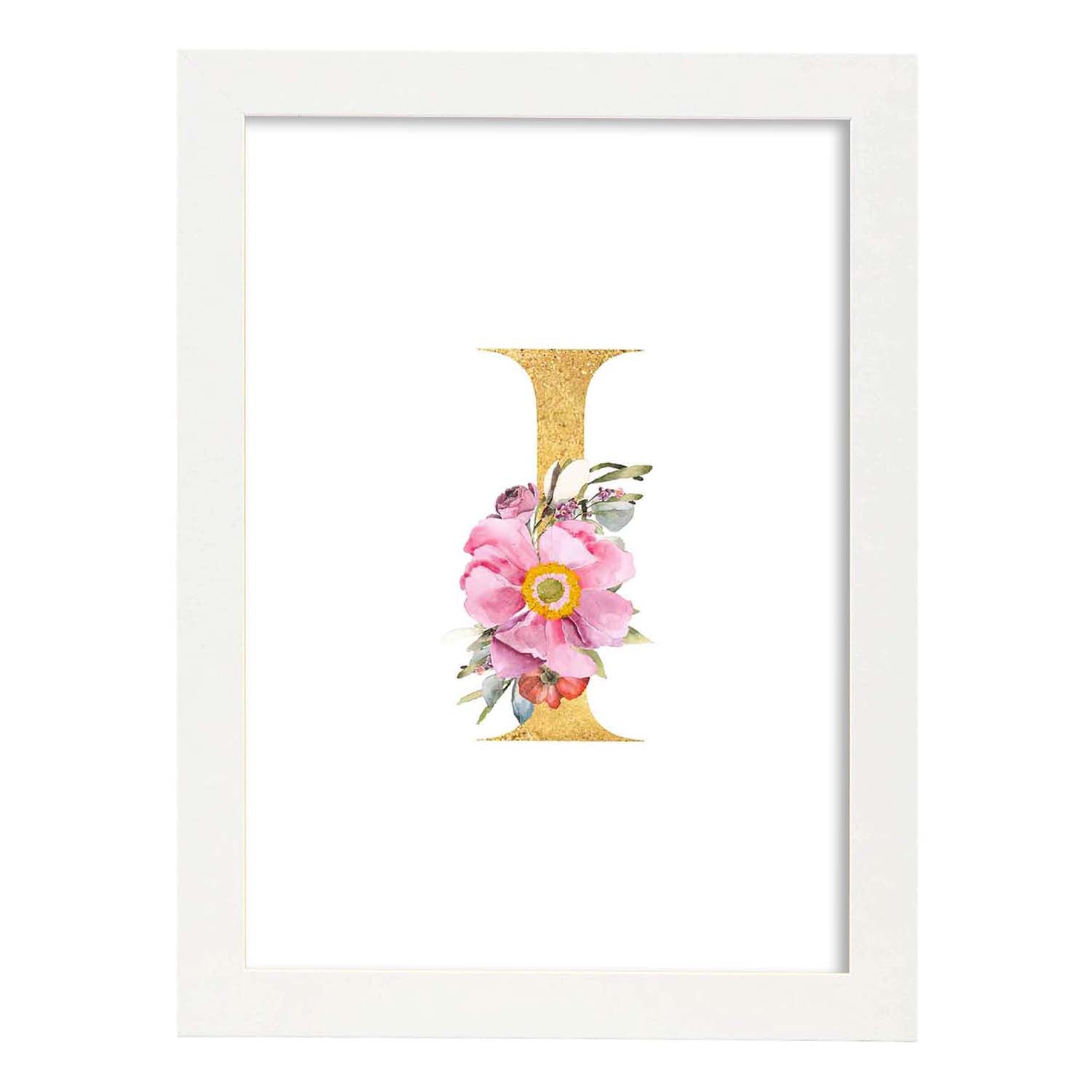 Poster de letra I. Lámina estilo Dorado Rosa con imágenes del alfabeto.-Artwork-Nacnic-A3-Marco Blanco-Nacnic Estudio SL