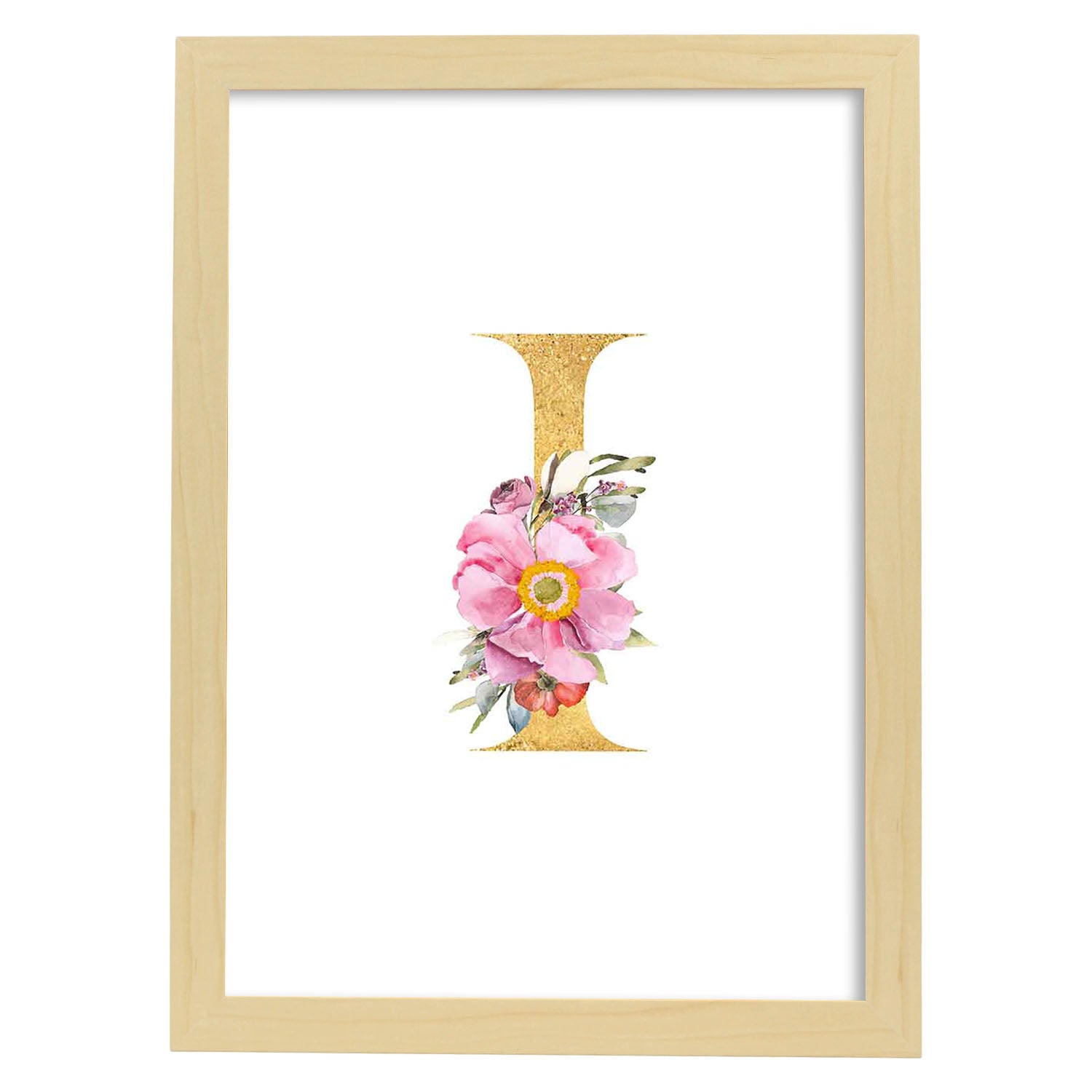 Poster de letra I. Lámina estilo Dorado Rosa con imágenes del alfabeto.-Artwork-Nacnic-A4-Marco Madera clara-Nacnic Estudio SL