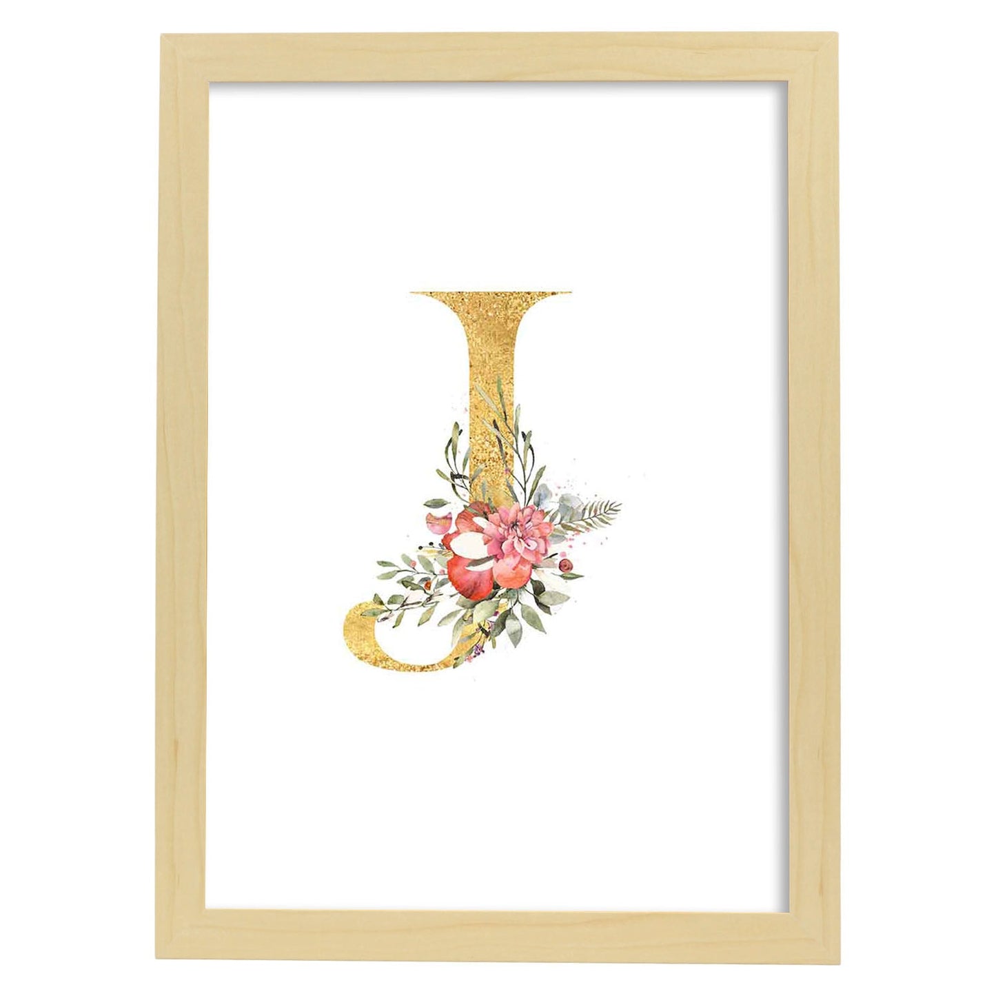Poster de letra J. Lámina estilo Dorado Rosa con imágenes del alfabeto.-Artwork-Nacnic-A3-Marco Madera clara-Nacnic Estudio SL