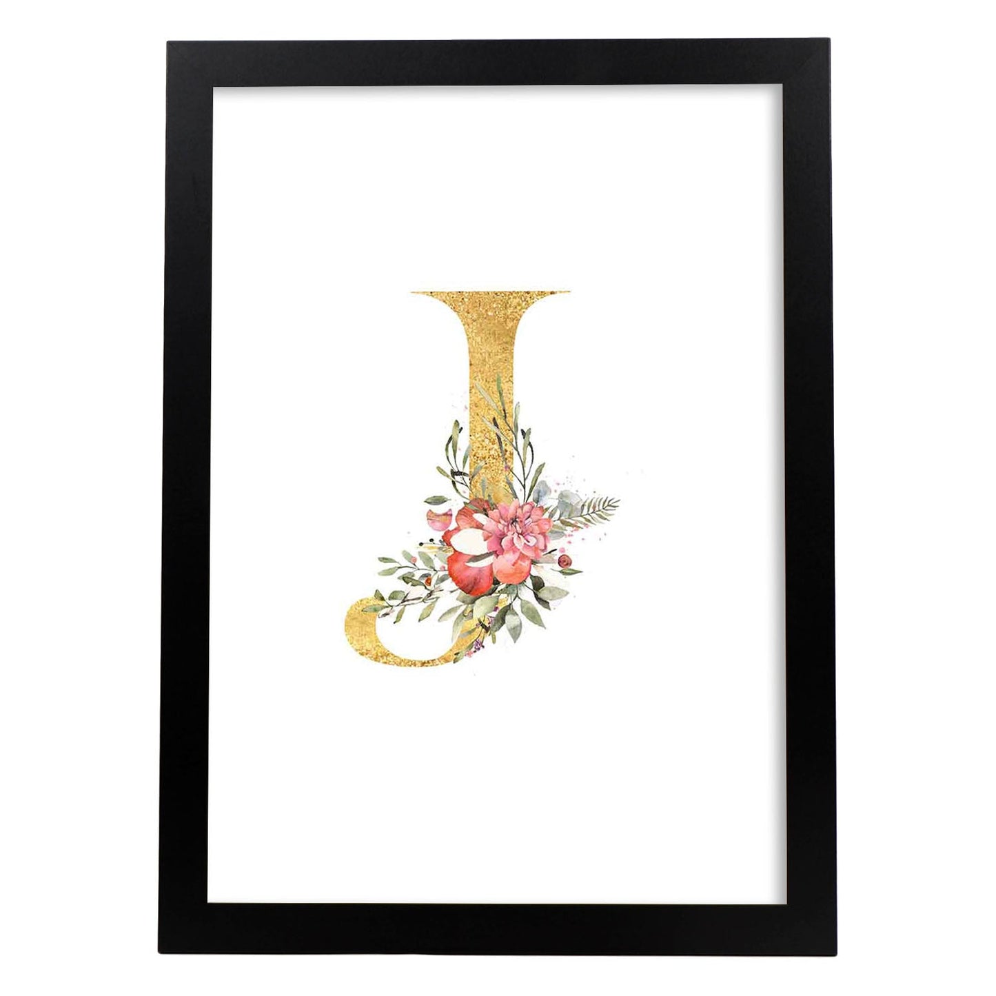 Poster de letra J. Lámina estilo Dorado Rosa con imágenes del alfabeto.-Artwork-Nacnic-A3-Marco Negro-Nacnic Estudio SL