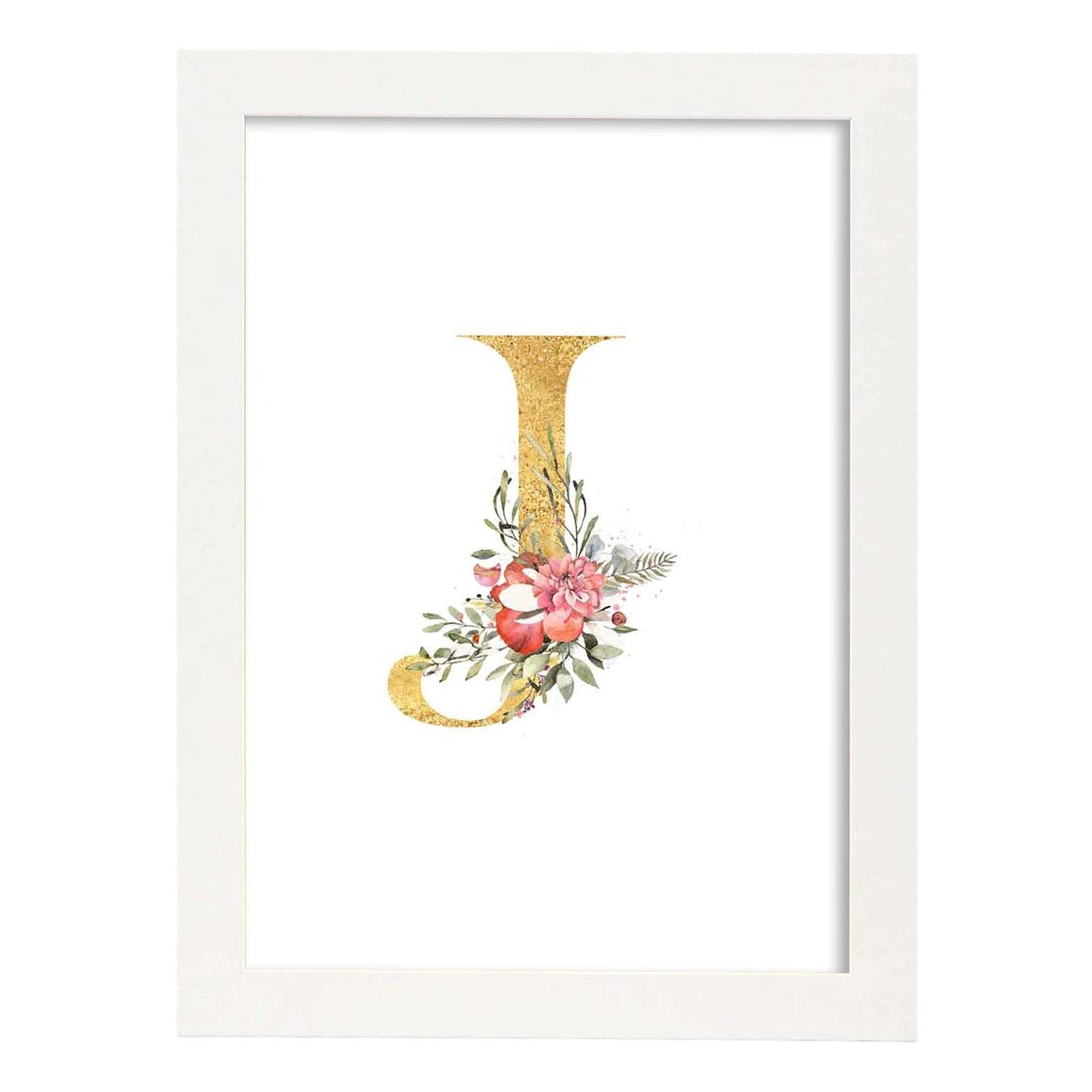 Poster de letra J. Lámina estilo Dorado Rosa con imágenes del alfabeto.-Artwork-Nacnic-A4-Marco Blanco-Nacnic Estudio SL