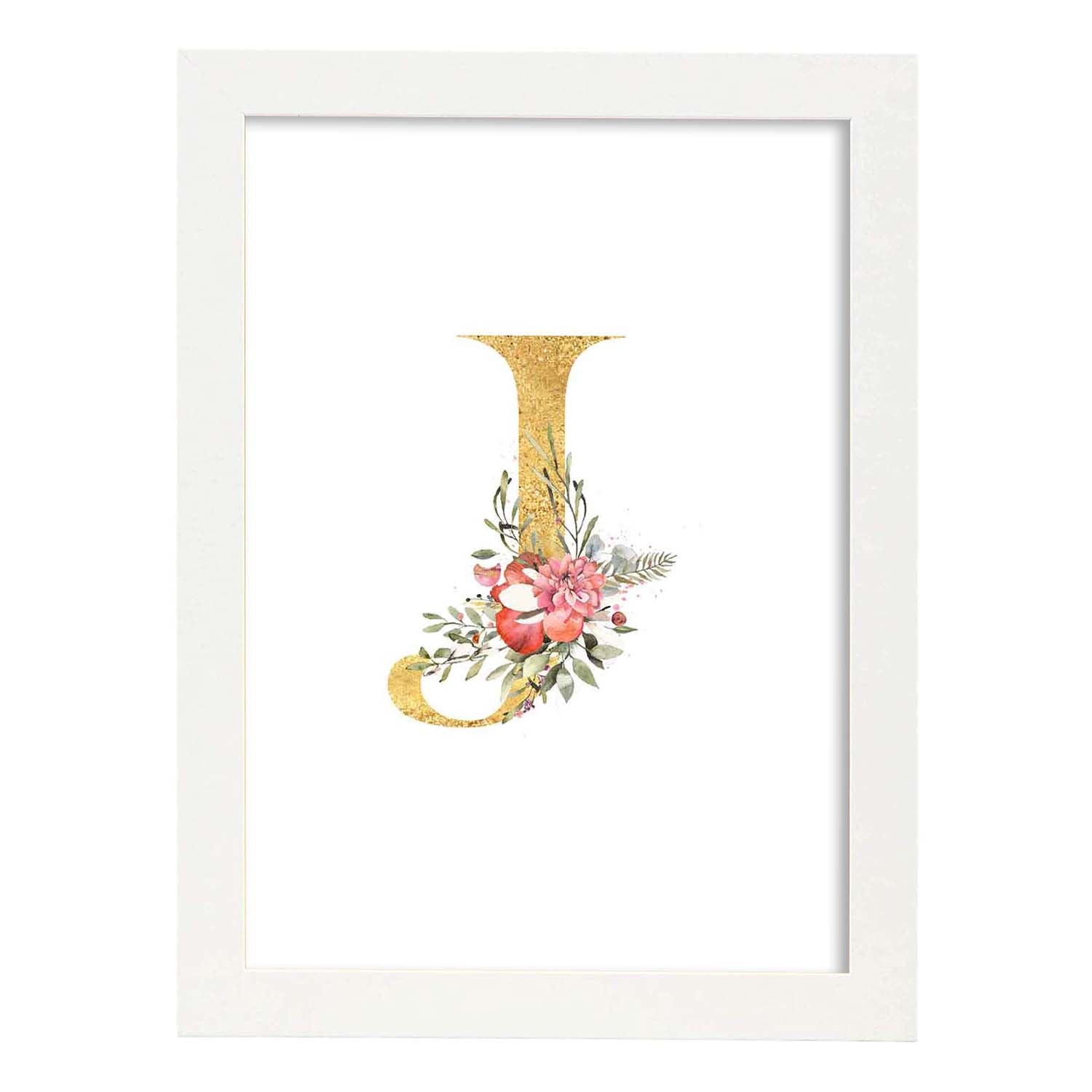Poster de letra J. Lámina estilo Dorado Rosa con imágenes del alfabeto.-Artwork-Nacnic-A4-Marco Blanco-Nacnic Estudio SL