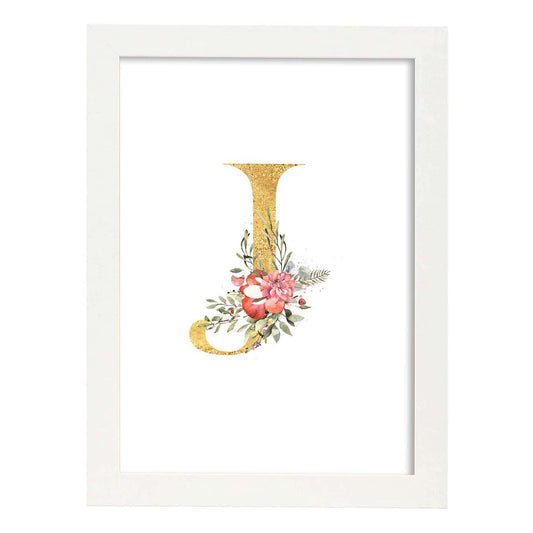 Poster de letra J. Lámina estilo Dorado Rosa con imágenes del alfabeto.-Artwork-Nacnic-A4-Marco Blanco-Nacnic Estudio SL