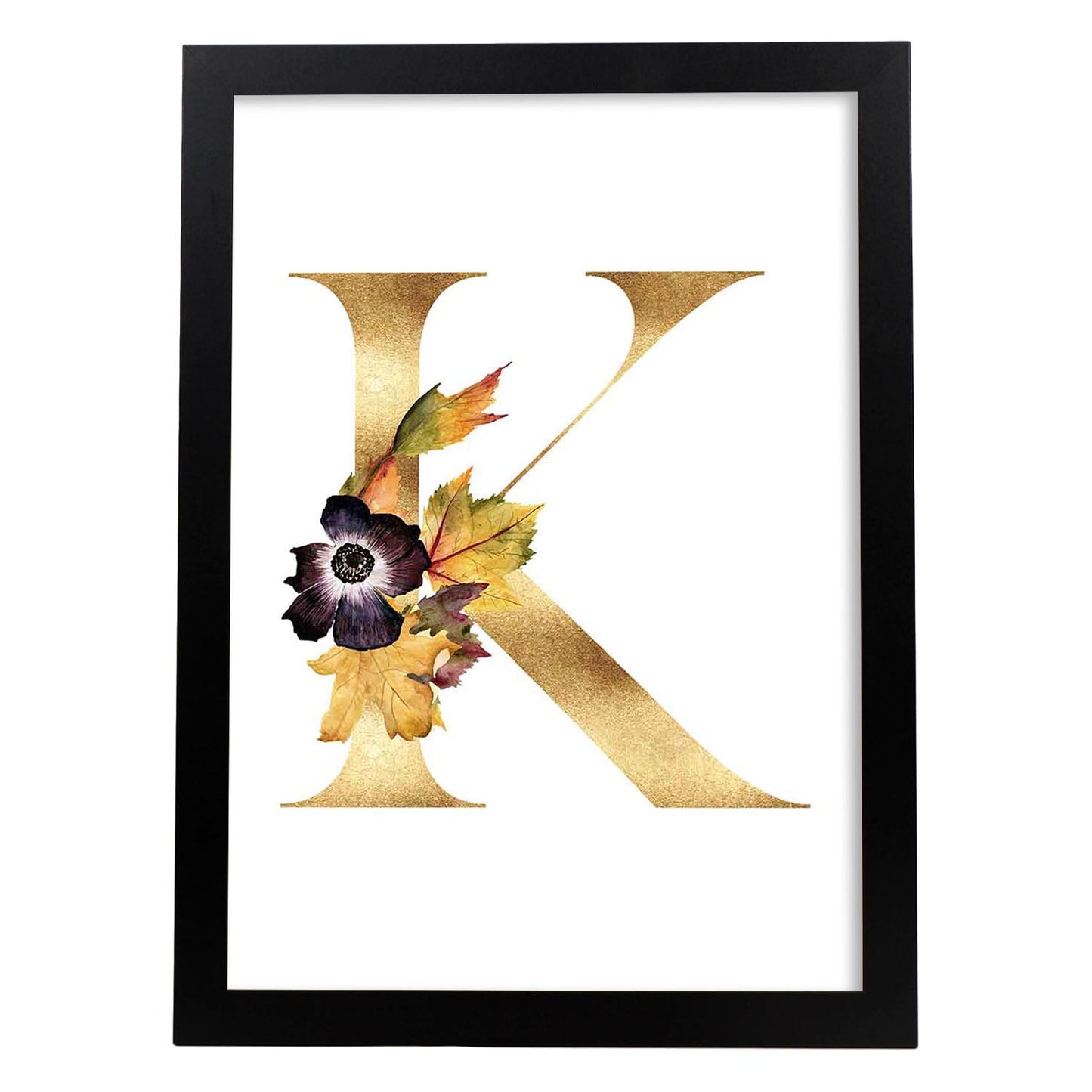 Poster de letra K. Lámina estilo Dorado Floral con imágenes del alfabeto.-Artwork-Nacnic-A4-Marco Negro-Nacnic Estudio SL