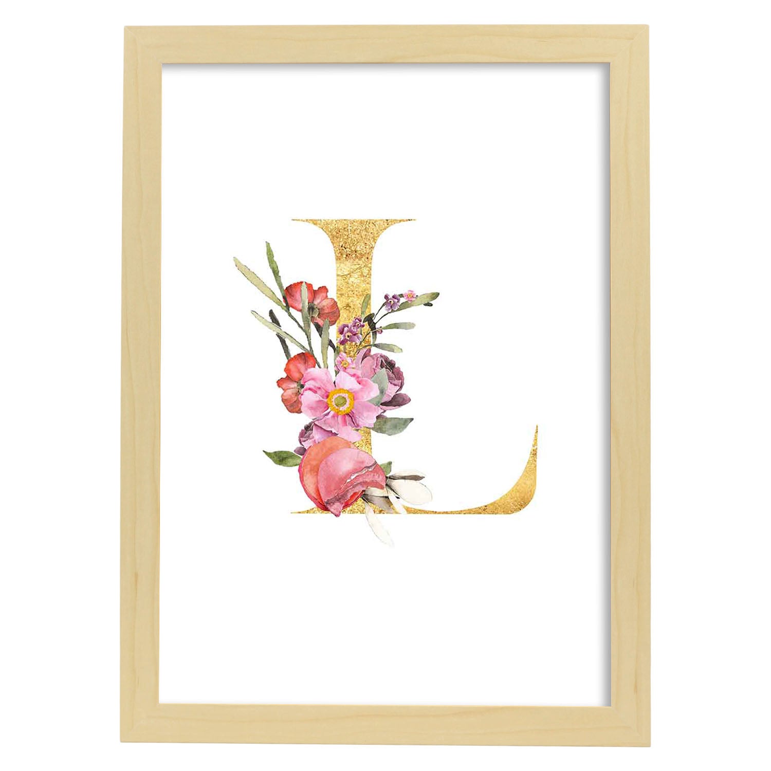 Poster de letra L. Lámina estilo Dorado Rosa con imágenes del alfabeto.-Artwork-Nacnic-A3-Marco Madera clara-Nacnic Estudio SL
