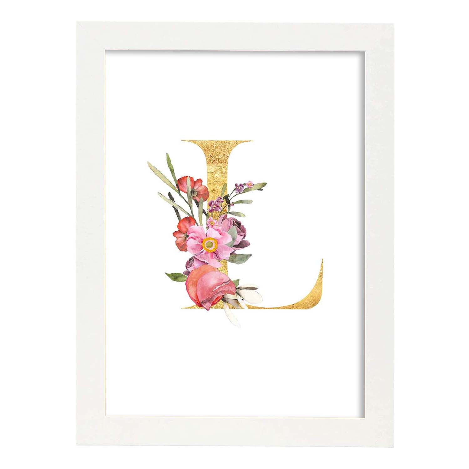 Poster de letra L. Lámina estilo Dorado Rosa con imágenes del alfabeto.-Artwork-Nacnic-A4-Marco Blanco-Nacnic Estudio SL