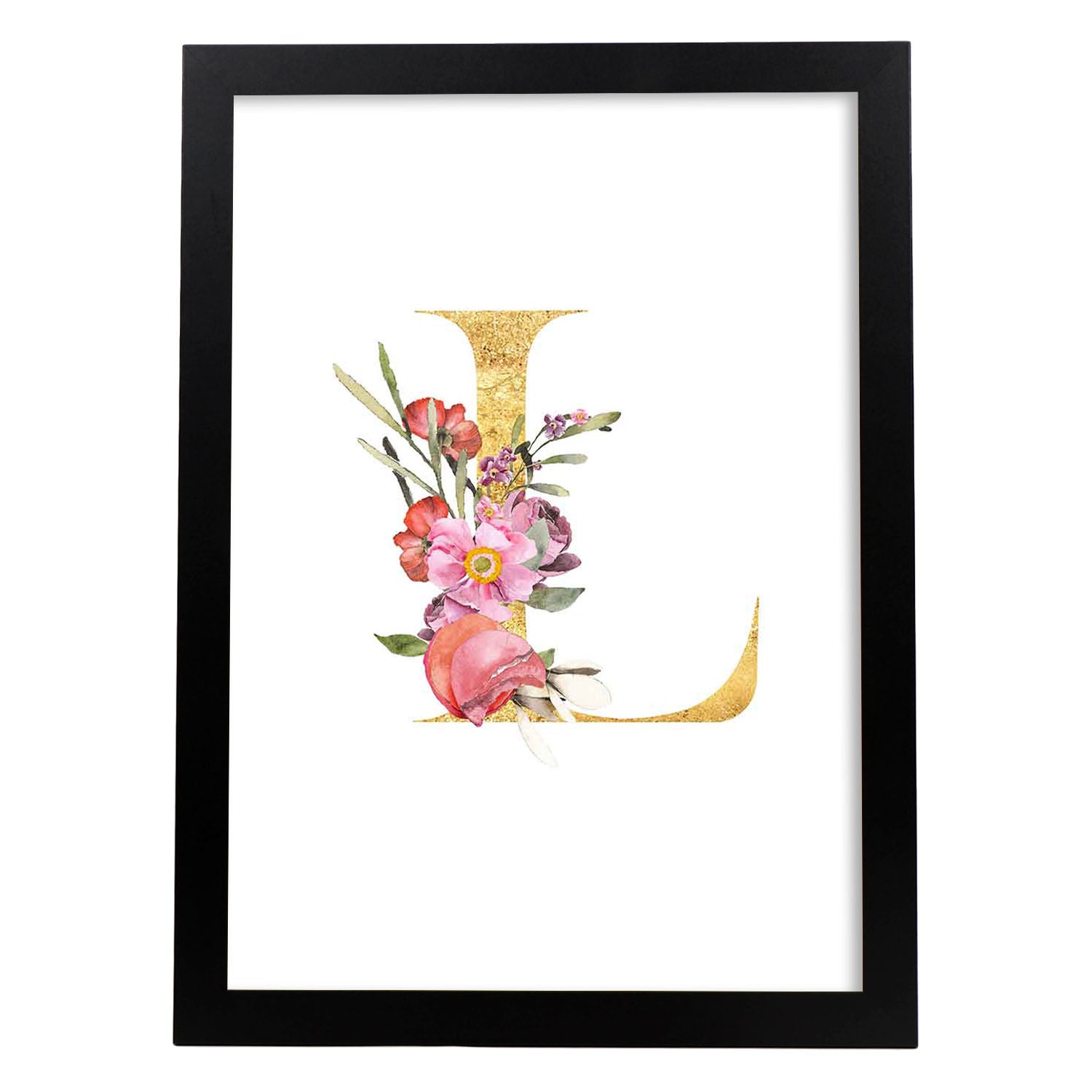 Poster de letra L. Lámina estilo Dorado Rosa con imágenes del alfabeto.-Artwork-Nacnic-A4-Marco Negro-Nacnic Estudio SL