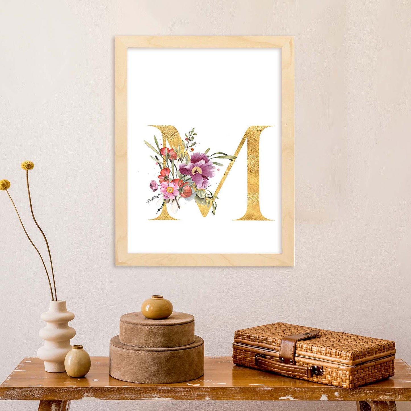 Poster de letra M. Lámina estilo Dorado Rosa con imágenes del alfabeto.-Artwork-Nacnic-Nacnic Estudio SL