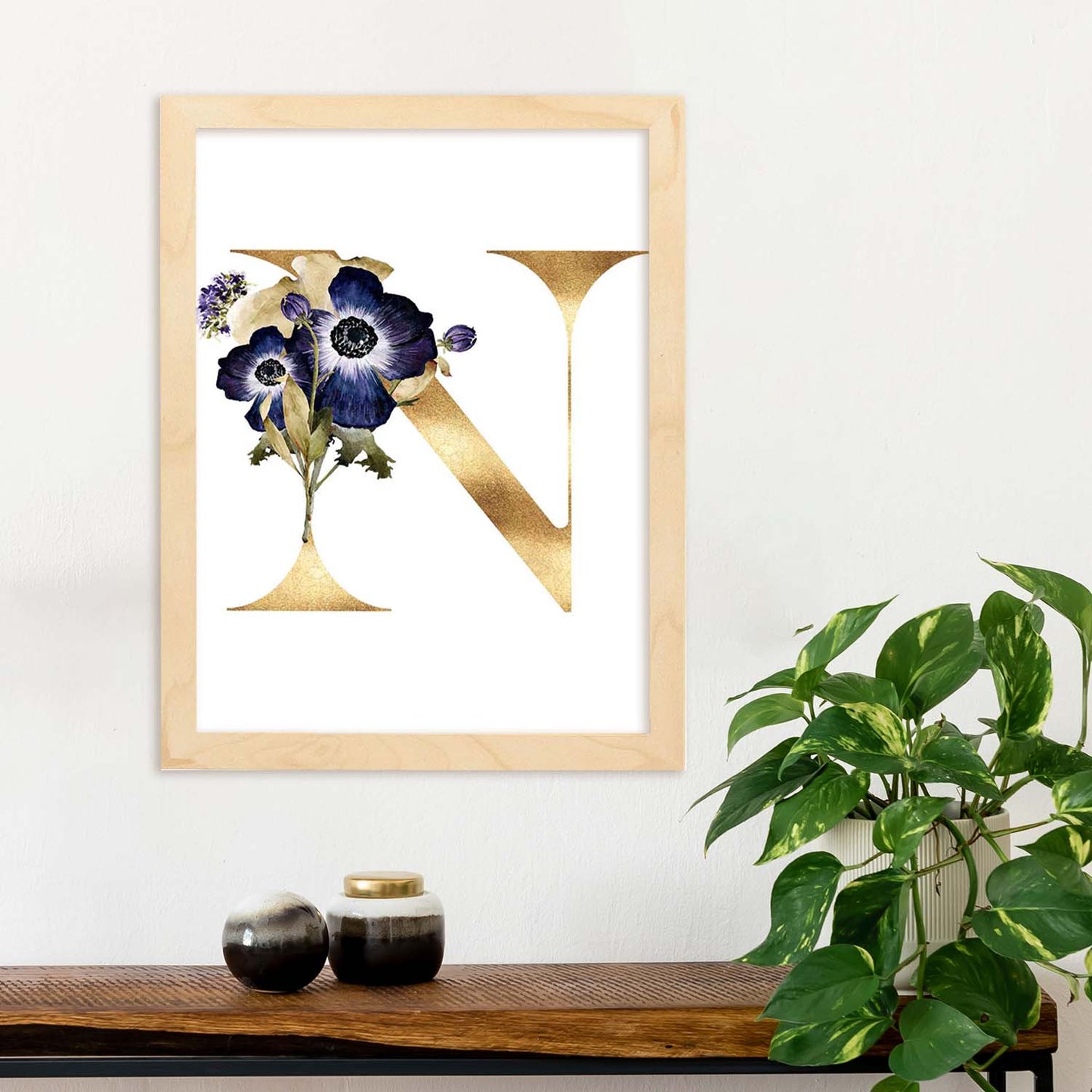 Poster de letra N. Lámina estilo Dorado Floral con imágenes del alfabeto.-Artwork-Nacnic-Nacnic Estudio SL