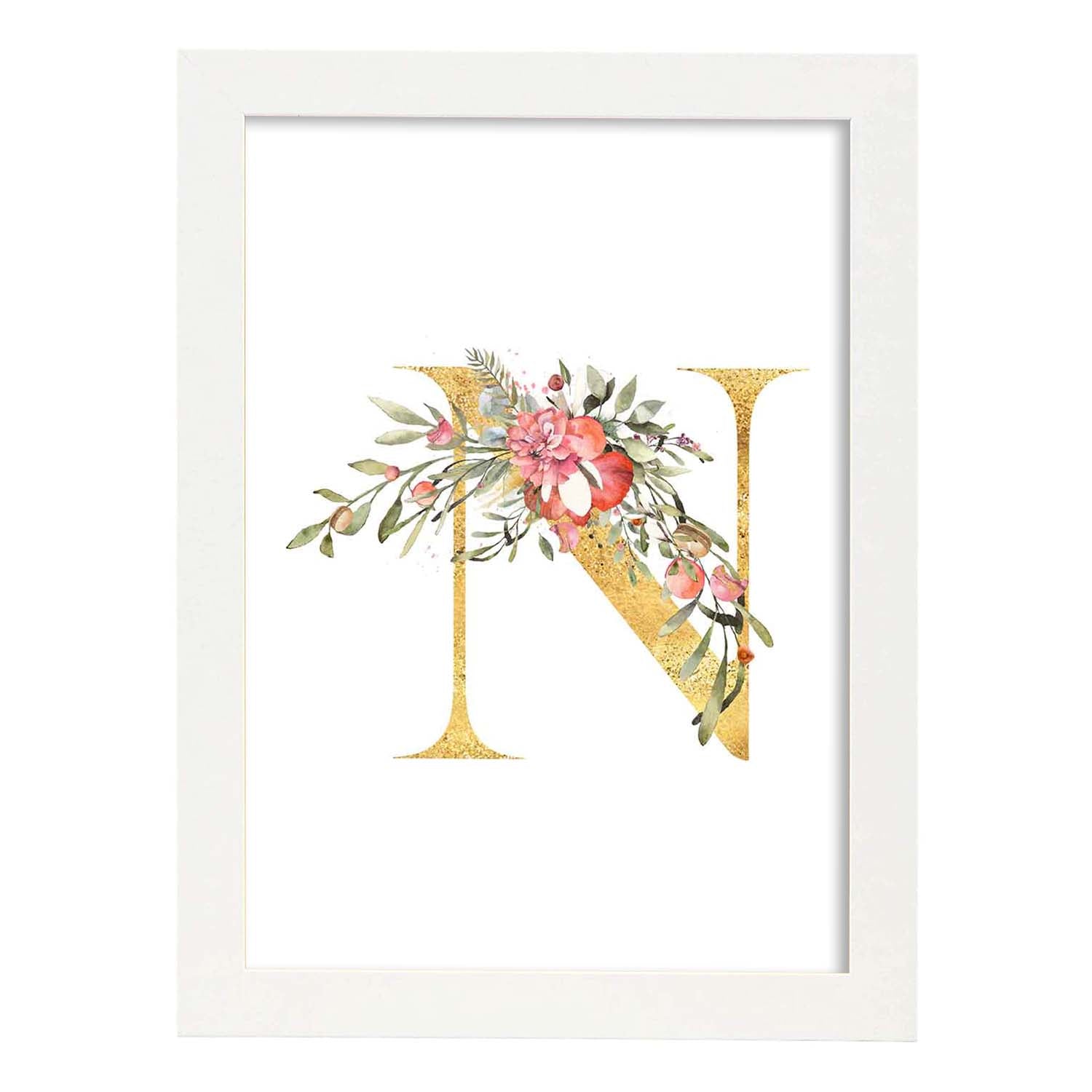 Poster de letra N. Lámina estilo Dorado Rosa con imágenes del alfabeto.-Artwork-Nacnic-A3-Marco Blanco-Nacnic Estudio SL