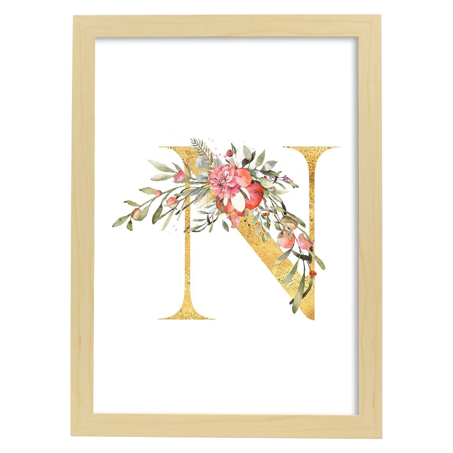 Poster de letra N. Lámina estilo Dorado Rosa con imágenes del alfabeto.-Artwork-Nacnic-A4-Marco Madera clara-Nacnic Estudio SL