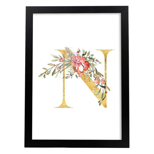 Poster de letra N. Lámina estilo Dorado Rosa con imágenes del alfabeto.-Artwork-Nacnic-A4-Marco Negro-Nacnic Estudio SL